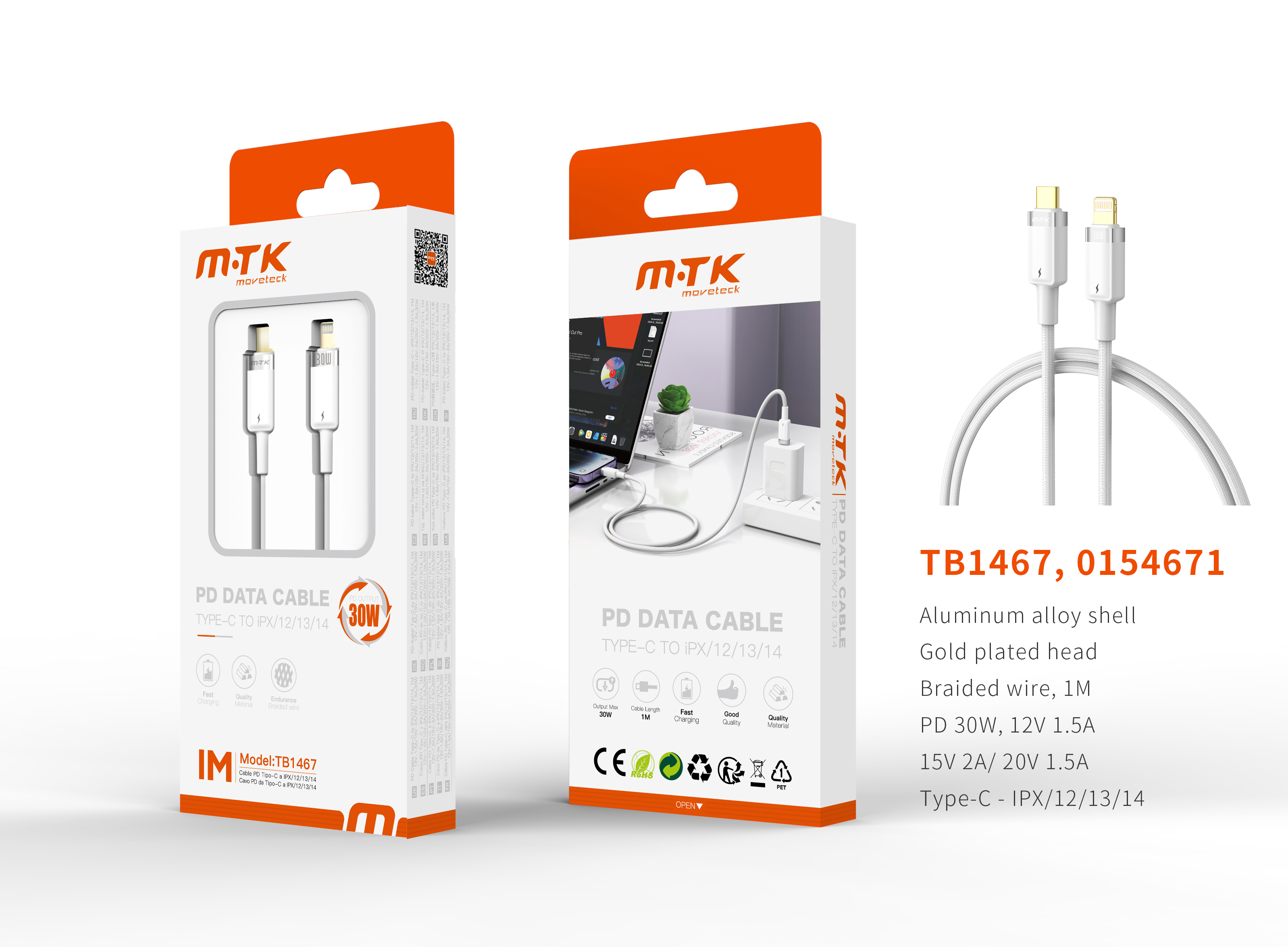 TB1467 BL Luxury Cable de datos Silas nylon trenzado para Type-C a lightning, Carga Rapida PD, 30W/1