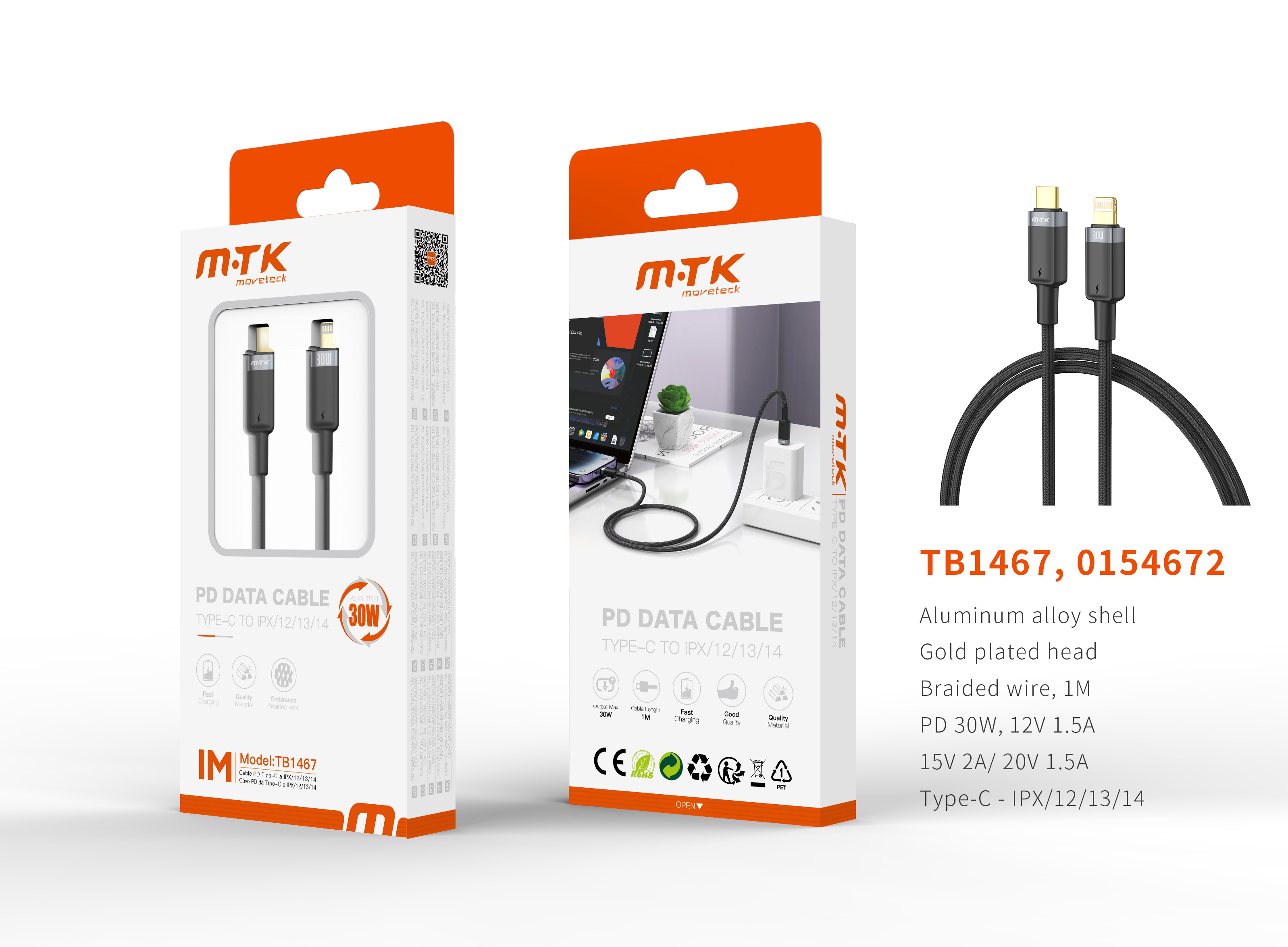 TB1467 NE Luxury Cable de datos Silas nylon trenzado para Type-C a lightning, Carga Rapida PD, 30W/1