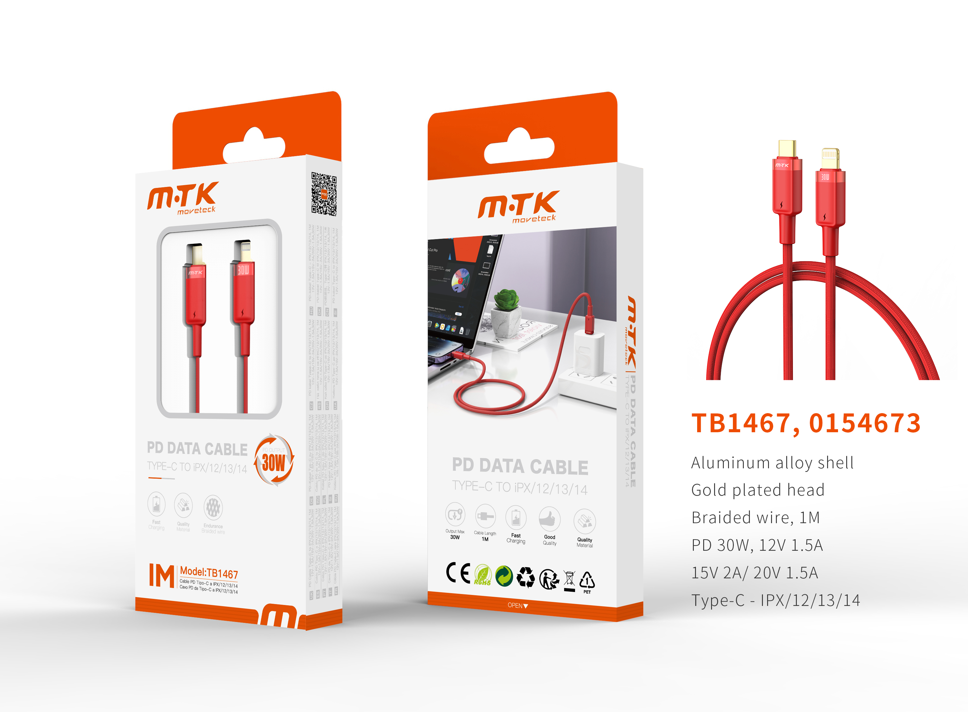 TB1467 RJ Luxury Cable de datos Silas nylon trenzado para Type-C a lightning, Carga Rapida PD, 30W/1