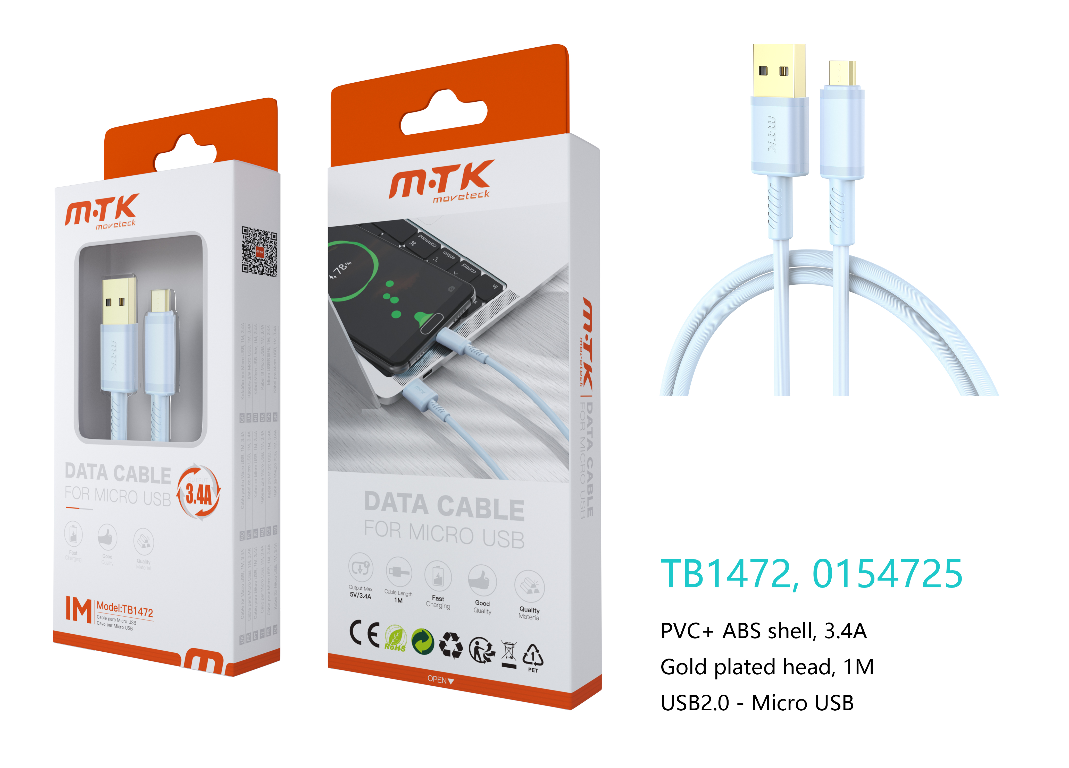 TB1472 AZ Luxury Cable de datos Luc  para Micro USB , 5V/3.4A, 1M, Azul