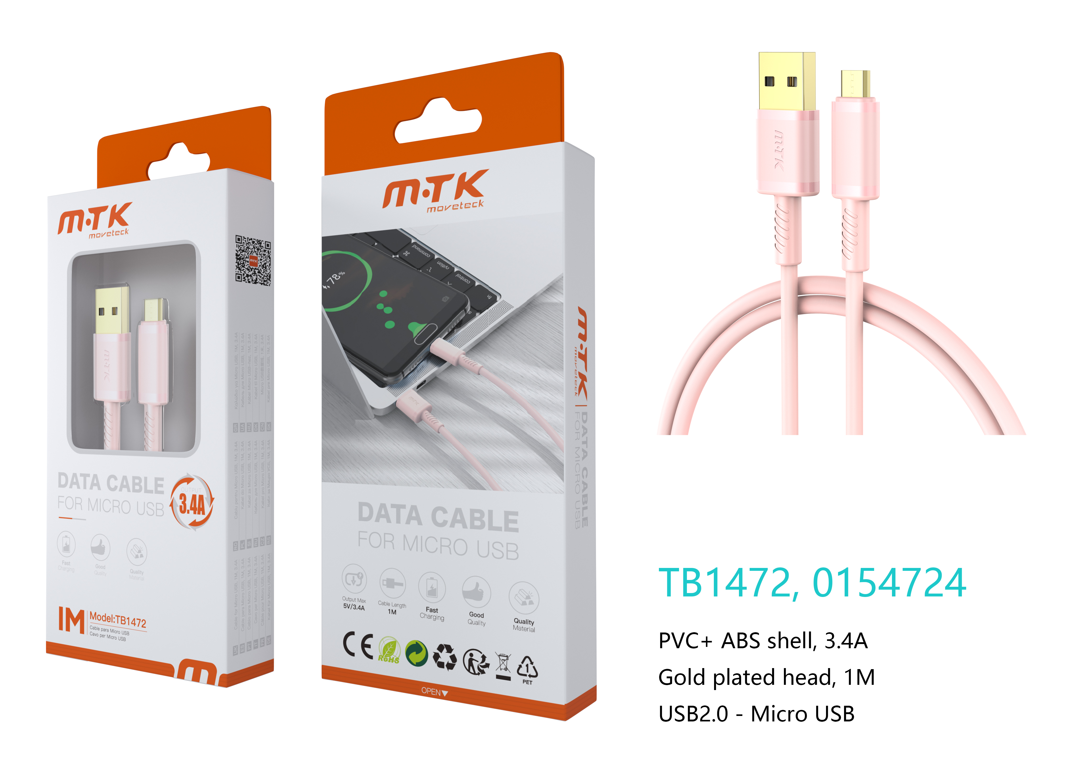 TB1472 RS Luxury Cable de datos Luc  para Micro USB , 5V/3.4A, 1M, Rosa