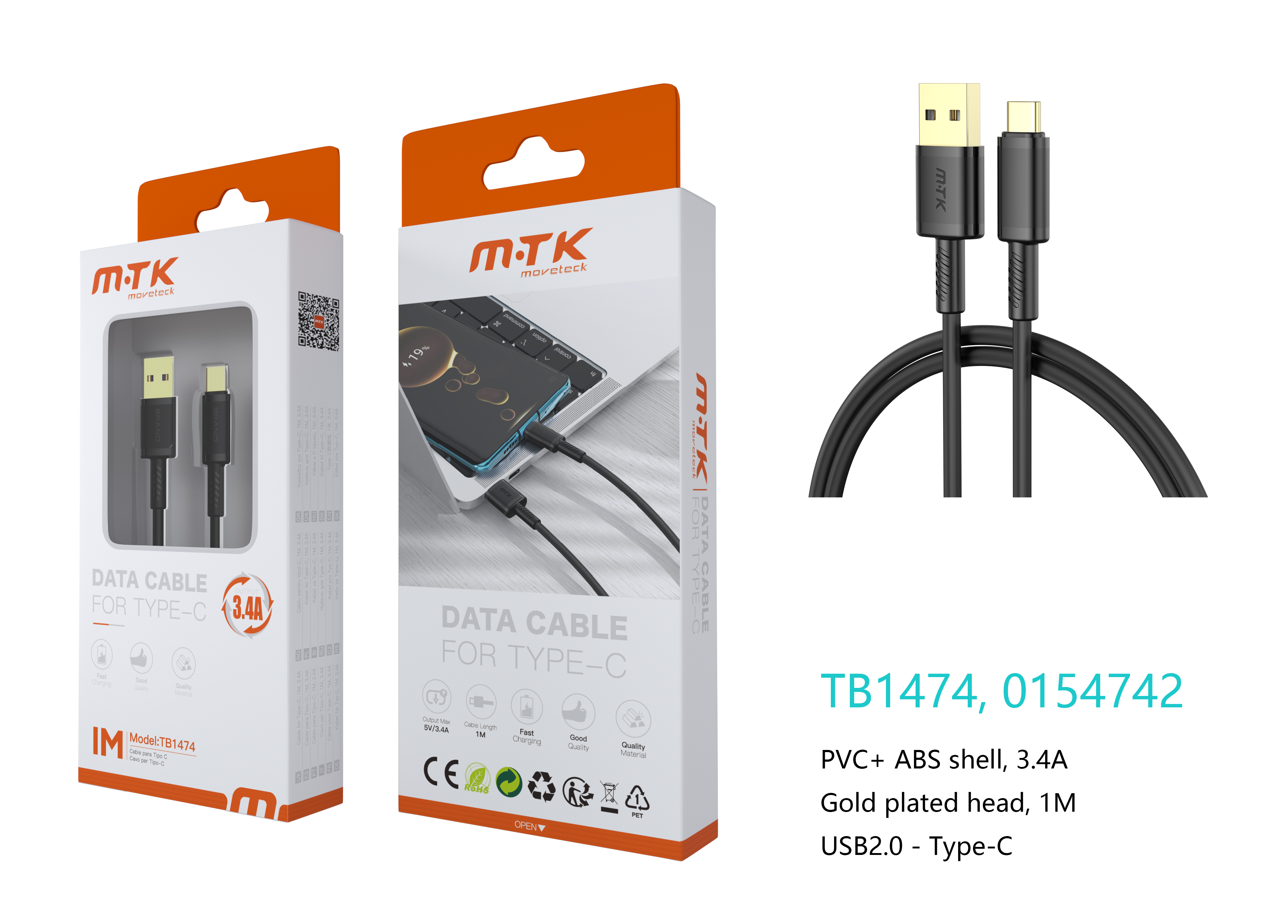 TB1474 NE Luxury Cable de datos Luc  para Type-C , 5V/3.4A, 1M, Negro