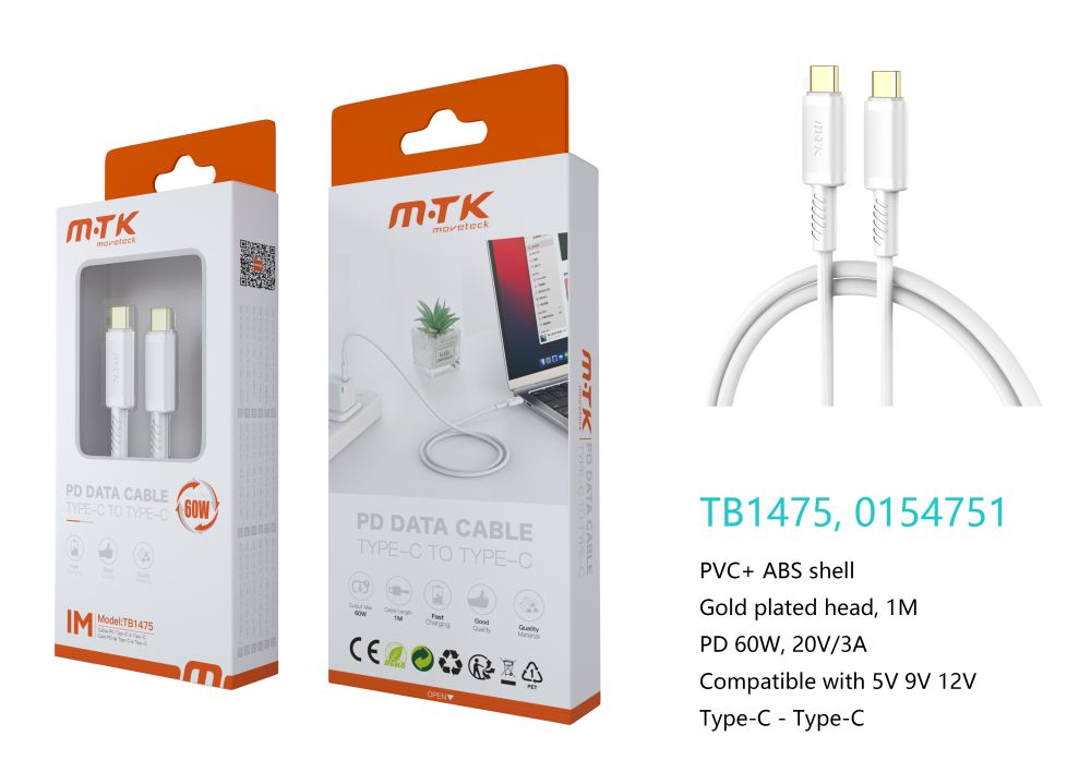 TB1475 BL Luxury Cable de datos Luc  para Type-C a Type-C , Carga Rapida PD,60W/20V/3A, 1M, Blanco