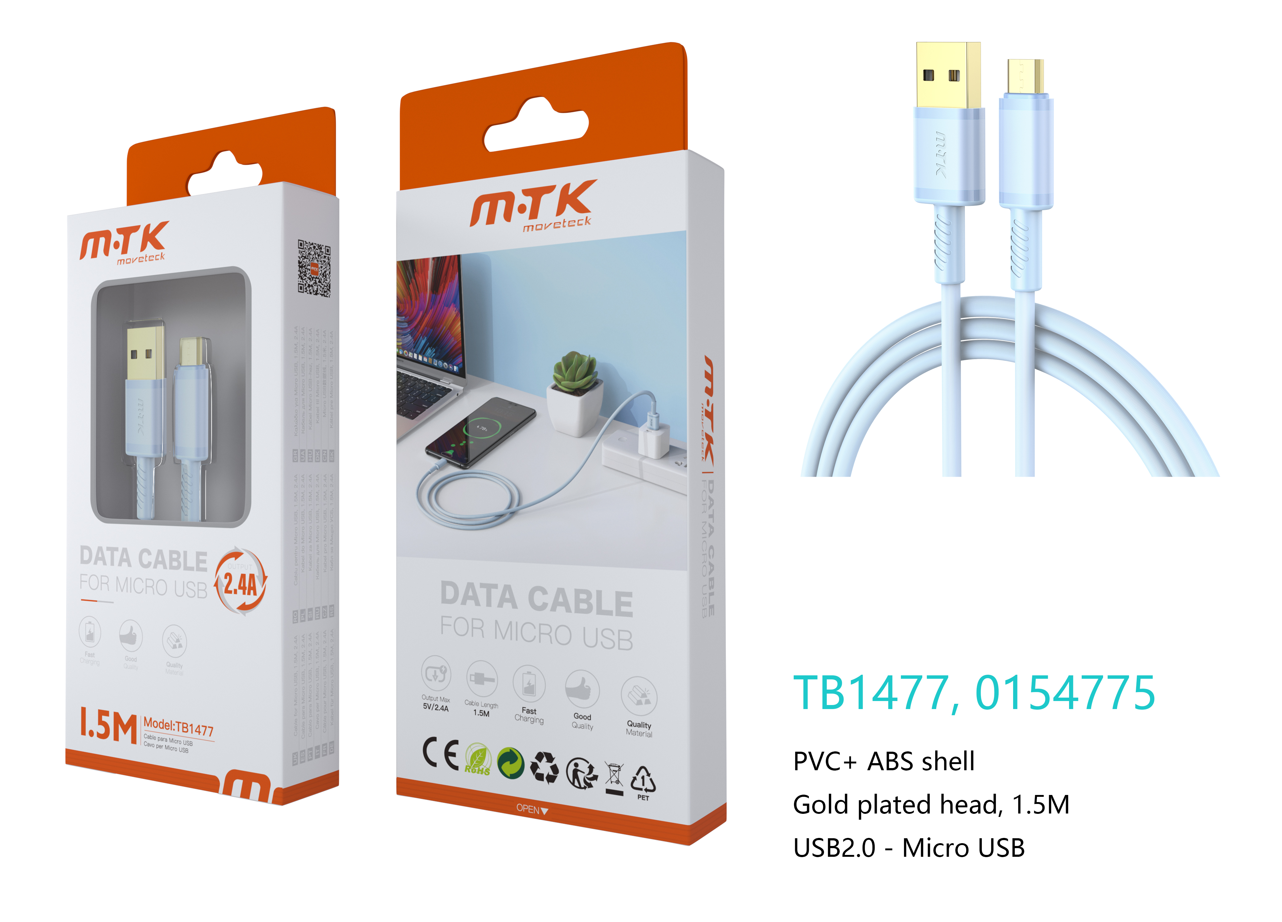 TB1477 AZ Luxury Cable de datos Luc  para Micro USB , 5V/2.4A, 1.5M, Azul