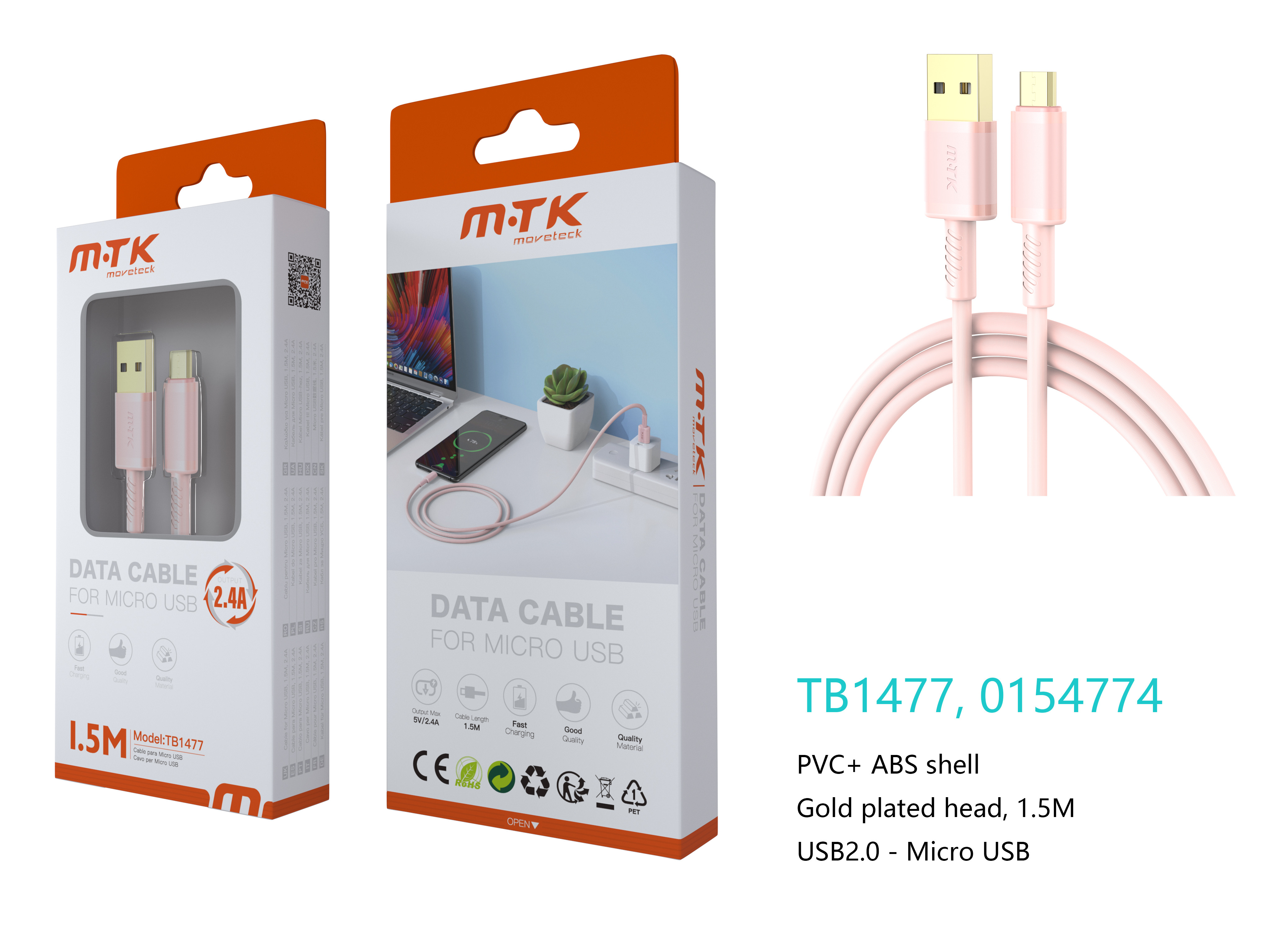 TB1477 RS Luxury Cable de datos Luc  para Micro USB , 5V/2.4A, 1.5M, Rosa