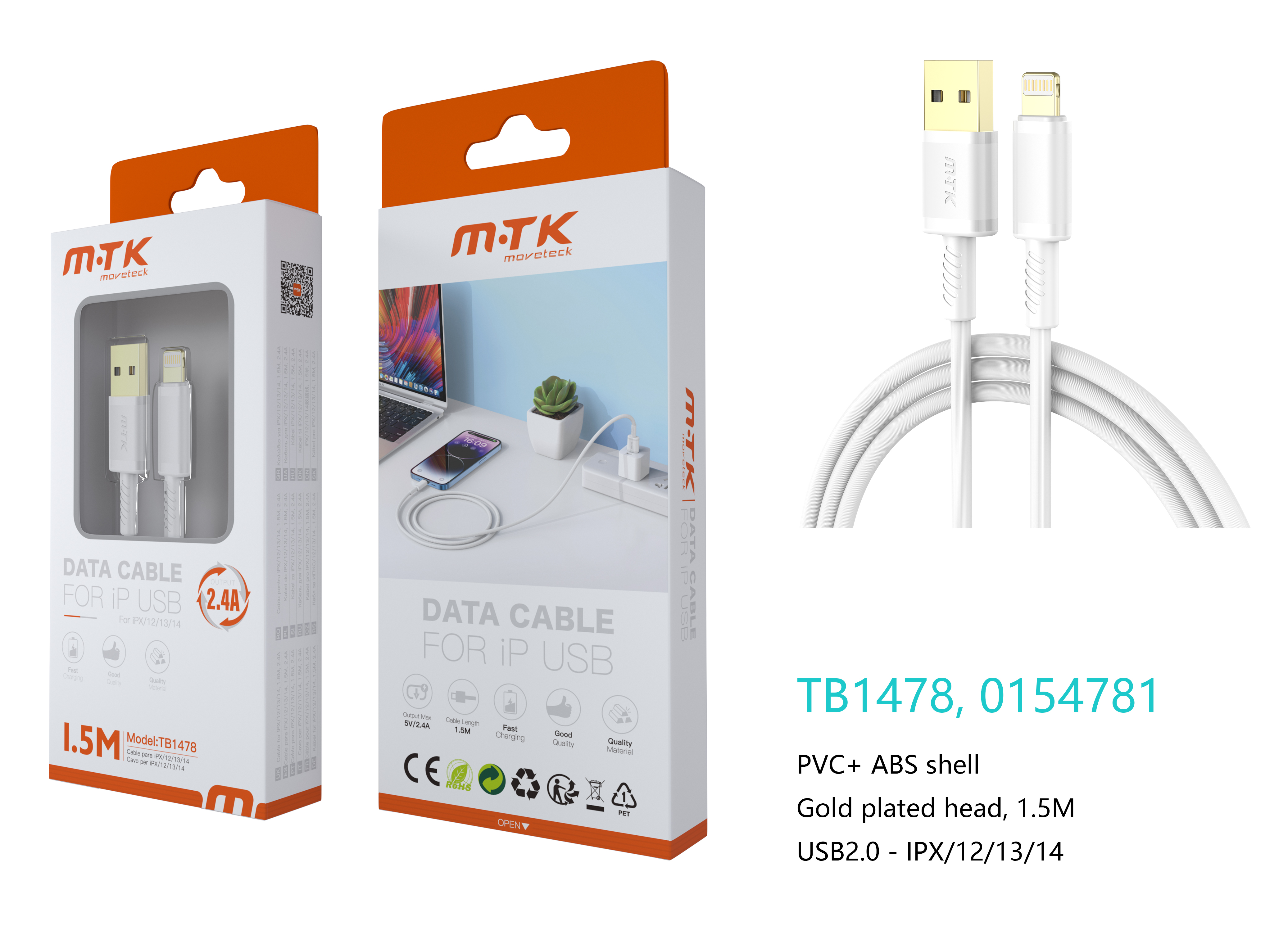 TB1478 BL Luxury Cable de datos Luc  para Iphone 5-14, 5V/2.4A, 1.5M, Blanco
