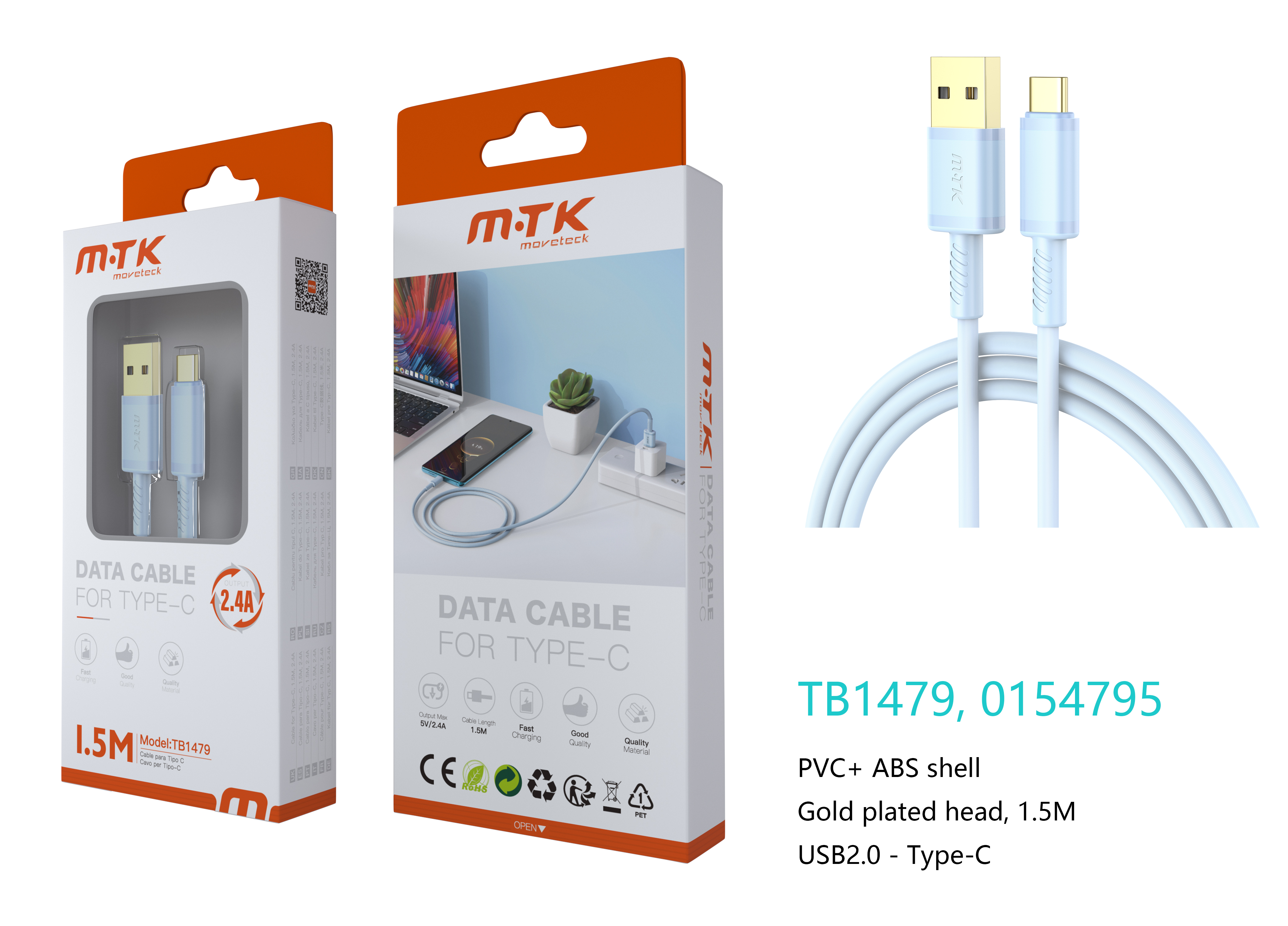 TB1479 AZ Luxury Cable de datos Luc  para Type-C , 5V/2.4A, 1.5M, Azul