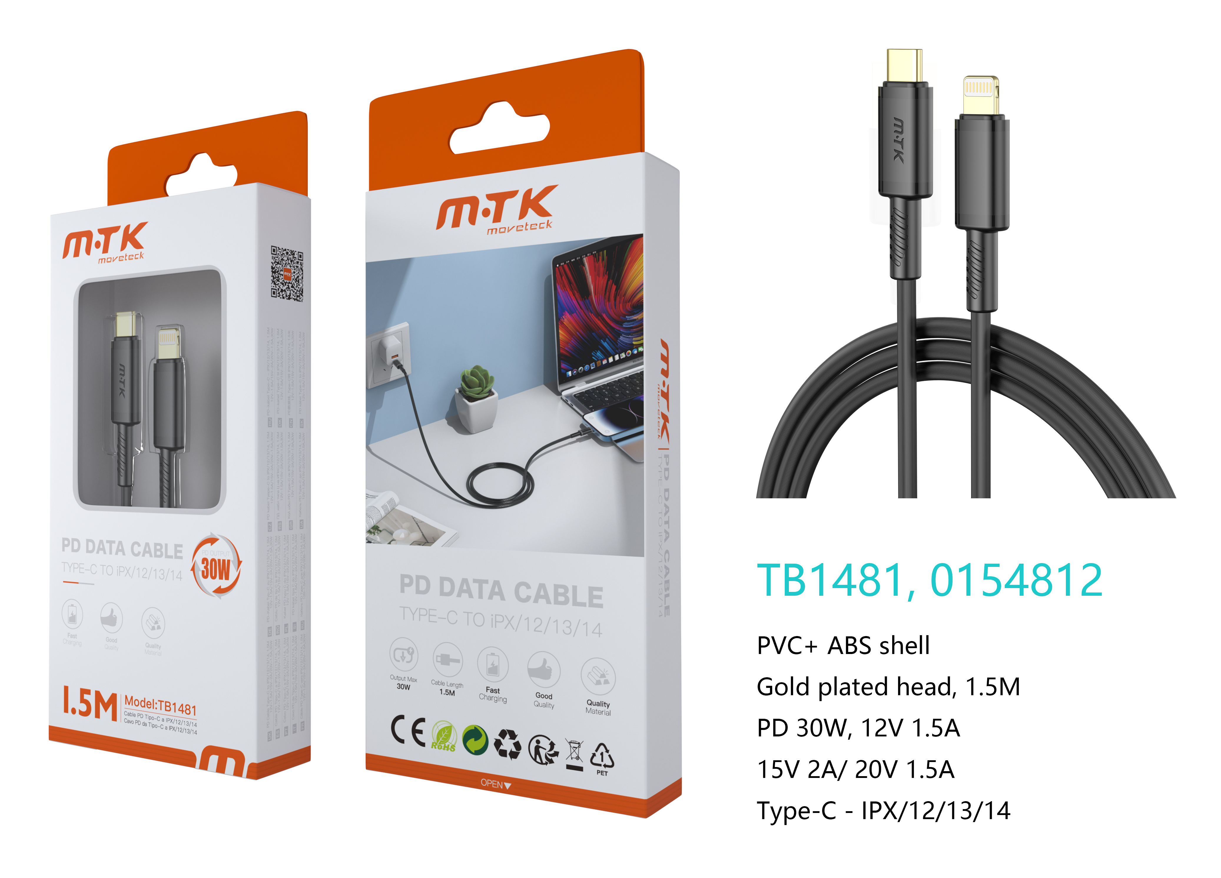 TB1481 NE Luxury Cable de datos Luc  para Type-C a lightning , Carga Rapida PD,30W/12V/2.5A, 1.5M, N