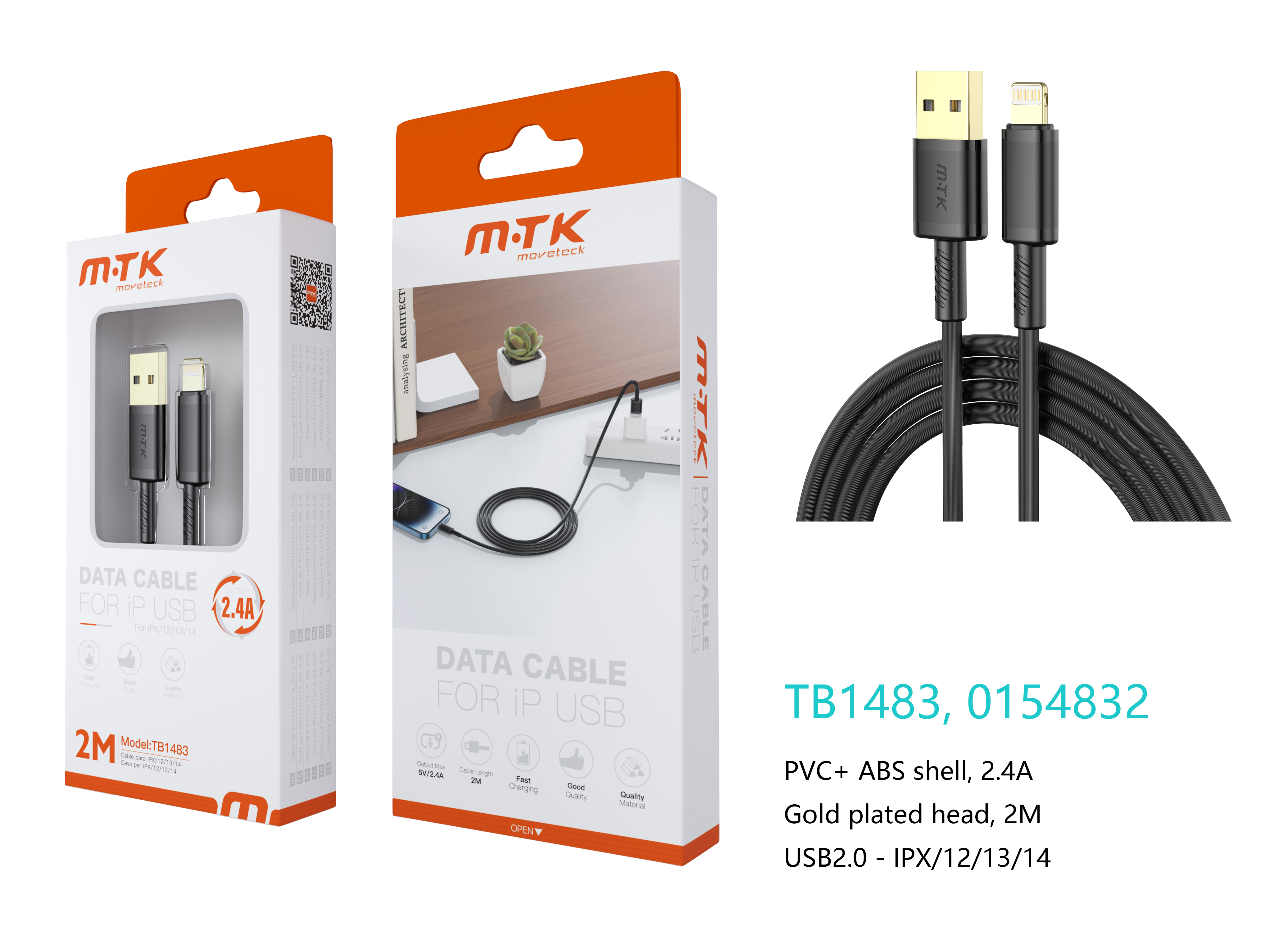 TB1483 NE Luxury Cable de datos Luc  para Iphone 5-14 , 5V/2.4A, 2M, Negro