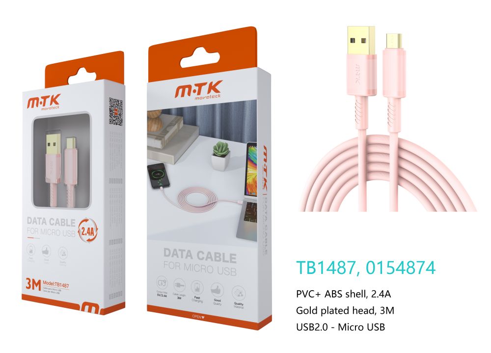 TB1487 RS Luxury Cable de datos Luc  para Micro USB , 5V/2.4A, 3M, Rosa