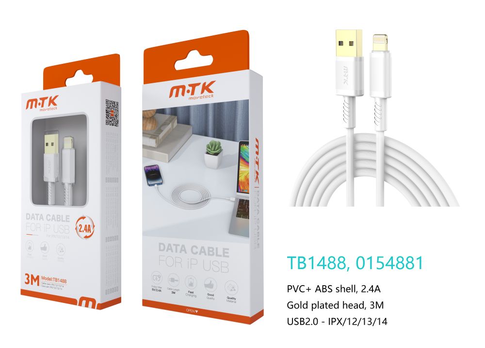TB1488 BL Luxury Cable de datos Luc  para Iphone 5-14, 5V/2.4A, 3M, Blanco
