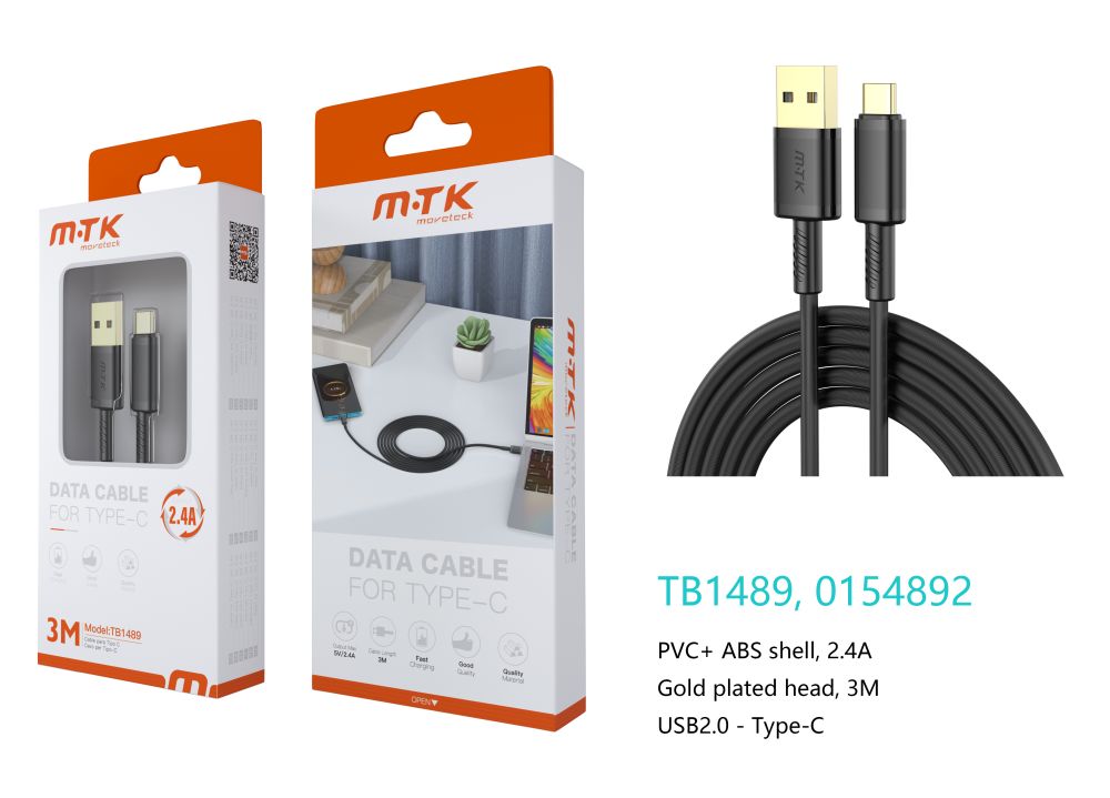 TB1489 NE Luxury Cable de datos Luc  para Type-C , 5V/2.4A, 3M, Negro