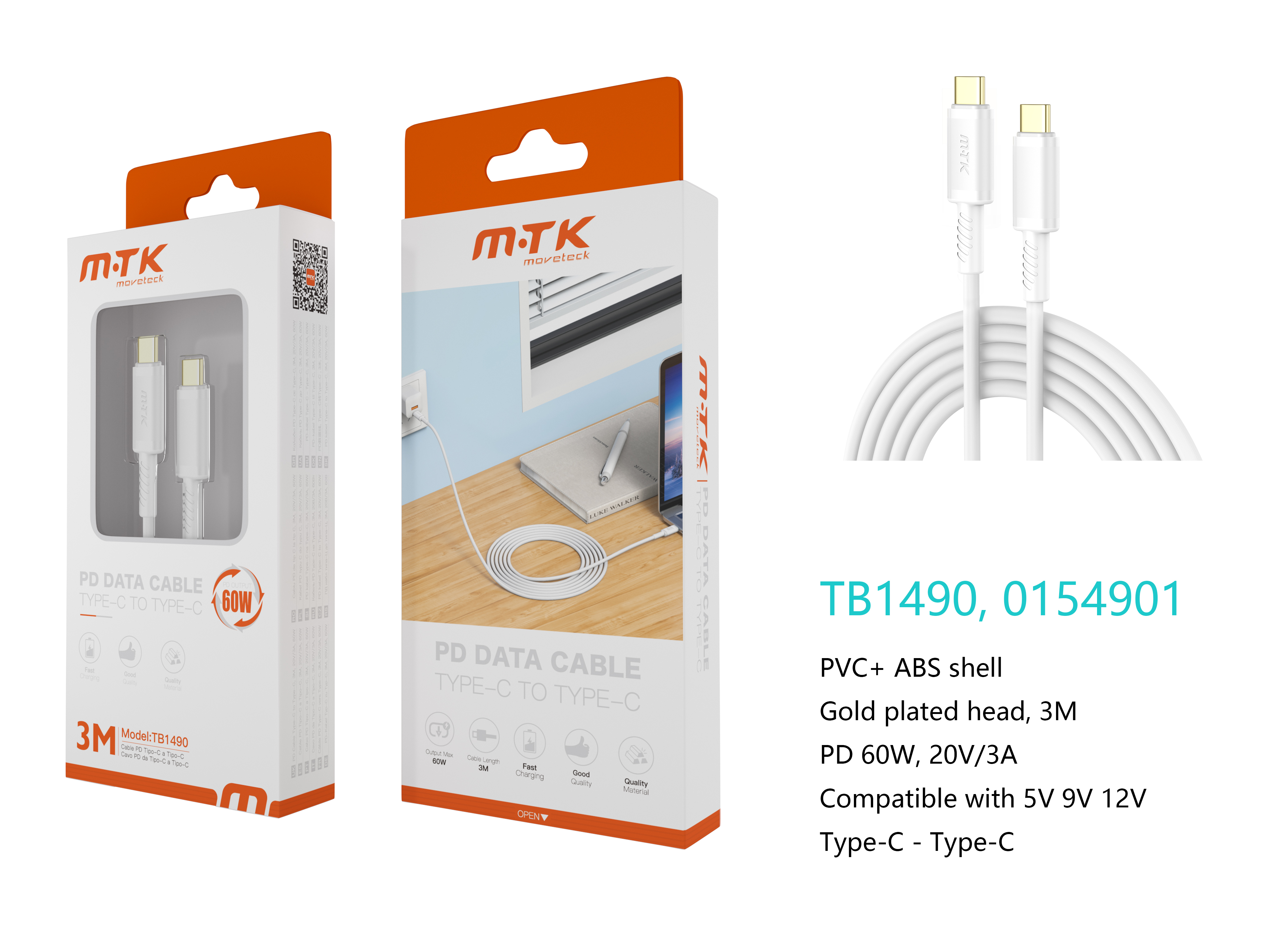 TB1490 BL Luxury Cable de datos Luc  para Type-C a Type-C , Carga Rapida PD,60W/20V/3A, 3M, Blanco