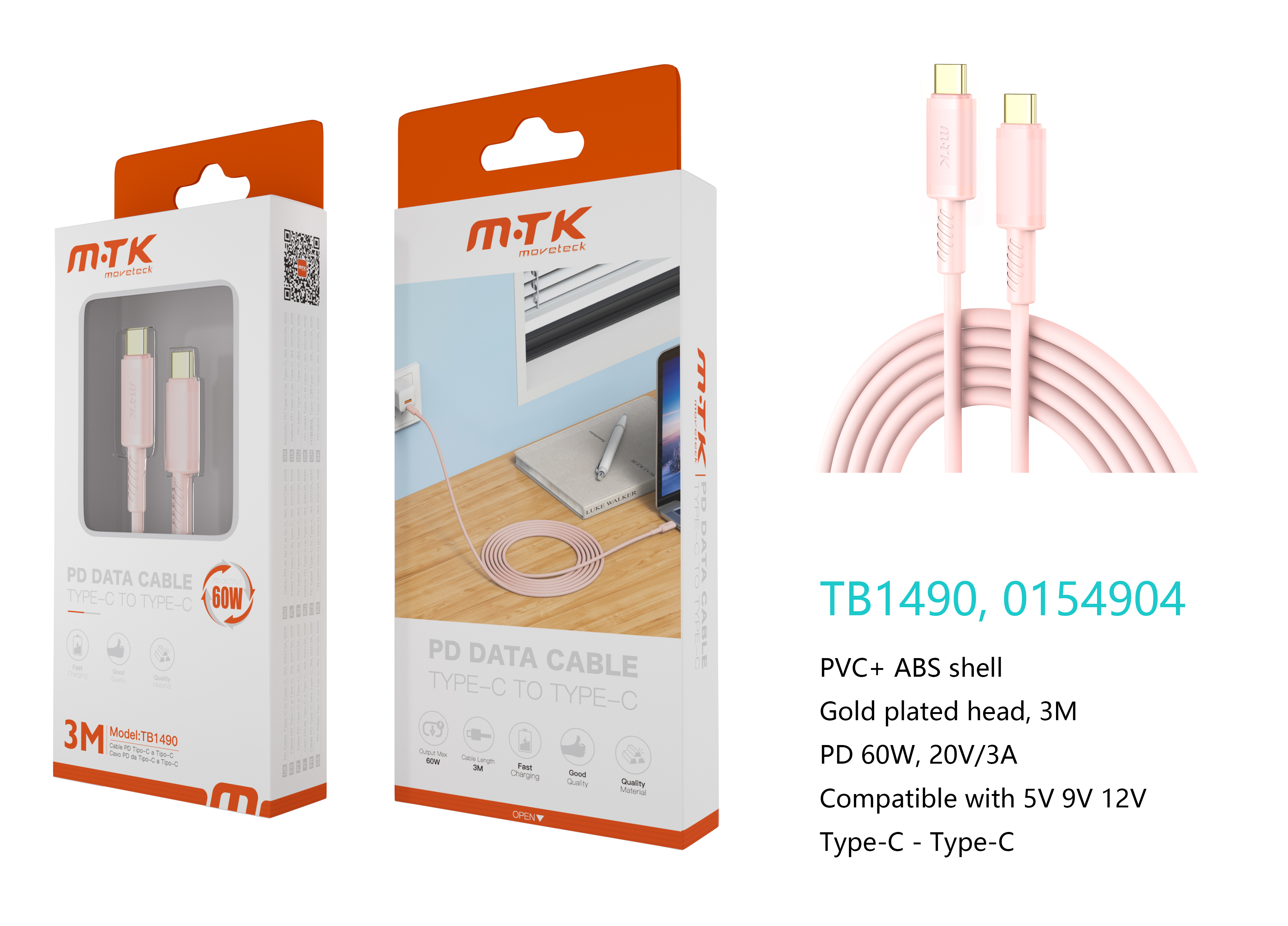 TB1490 RS Luxury Cable de datos Luc  para Type-C a Type-C , Carga Rapida PD,60W/20V/3A, 3M, Rosa