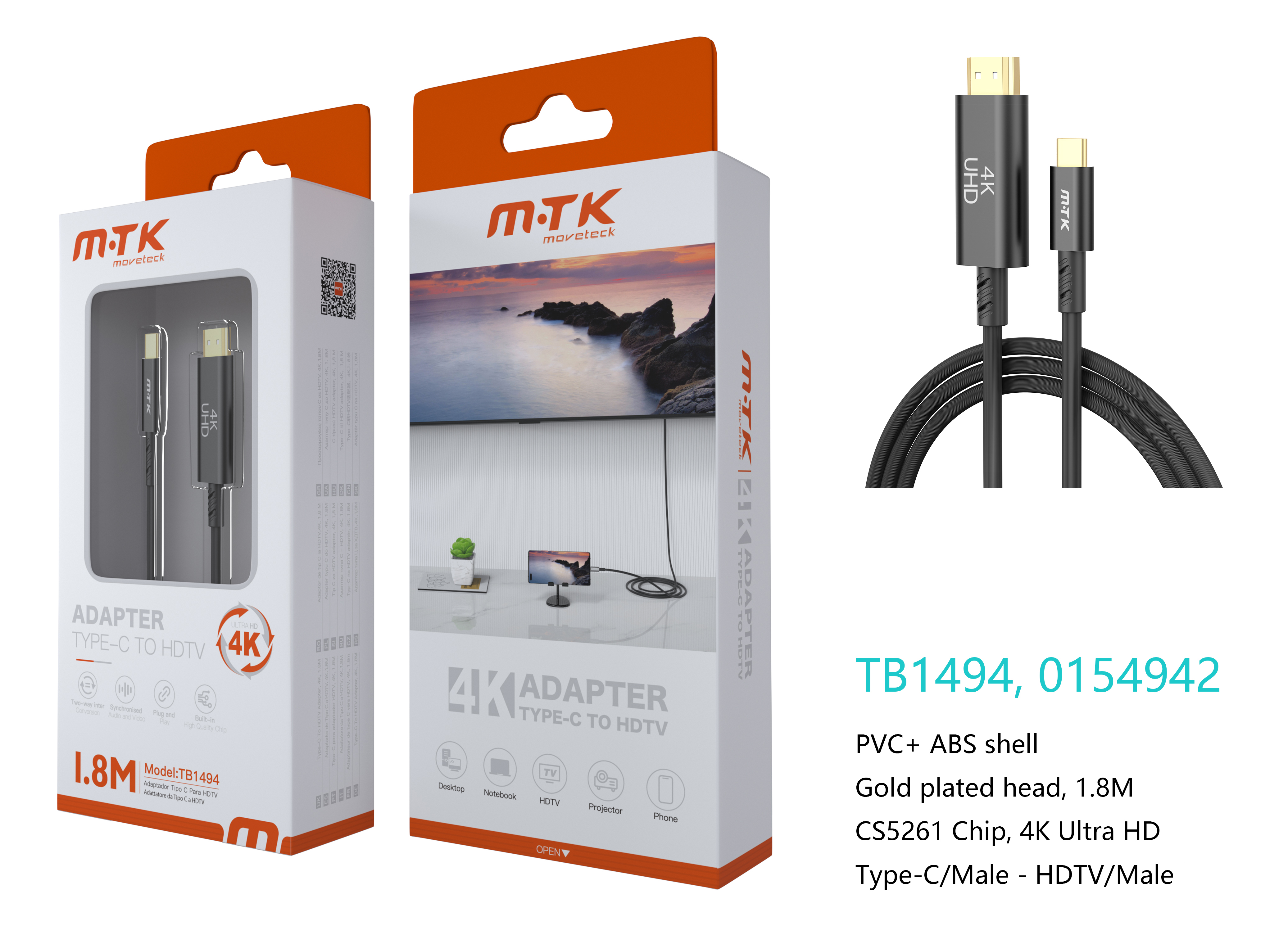 TB1494 NE Luxury Adaptador Type-C(Macho) a HDMI(Macho), 4K/30Hz, Cable 1.8M, Negro