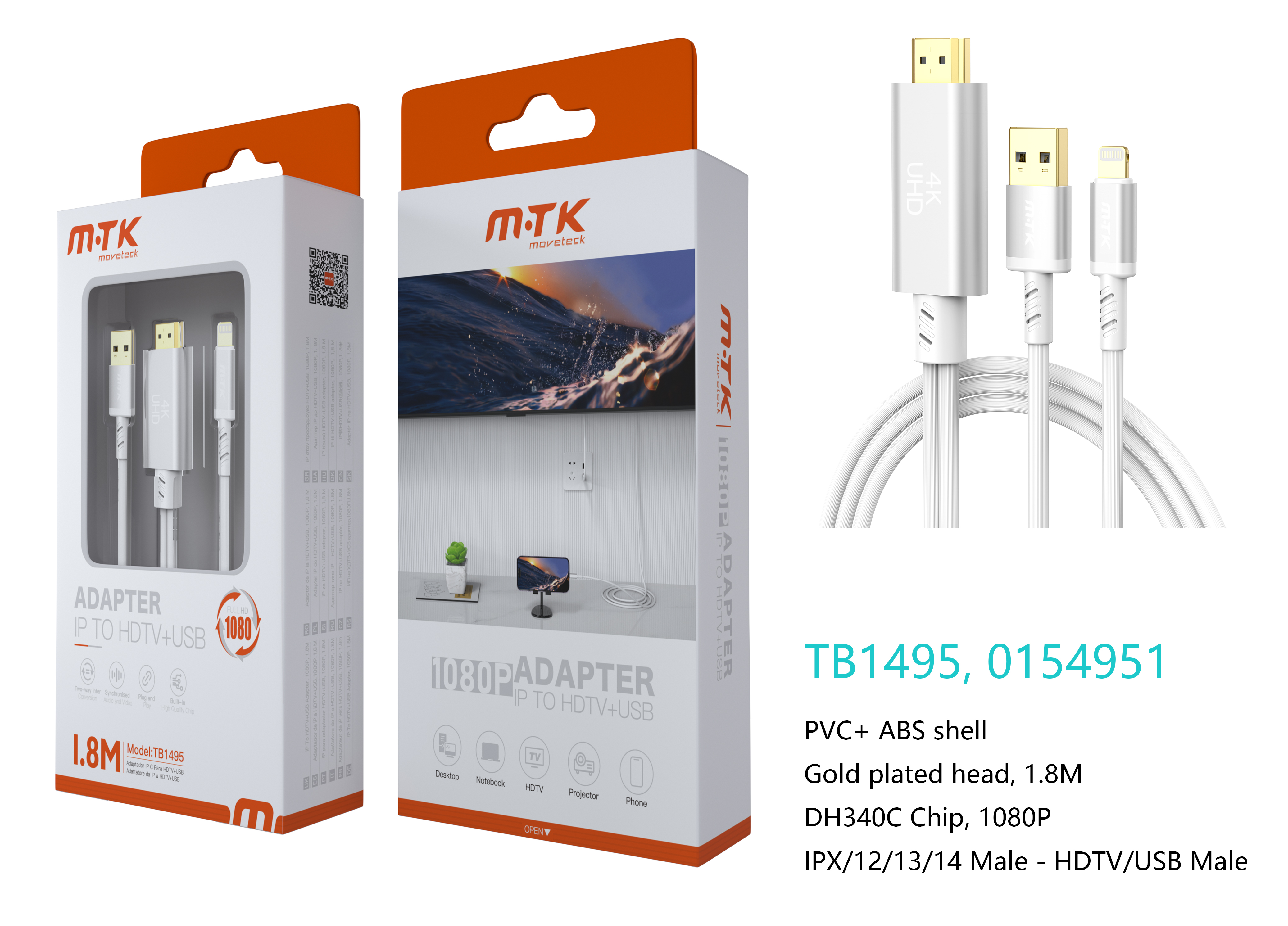 TB1495 BL Luxury Adaptador 2 en 1 Lightning(Macho) a HDMI+USB 2.0(Macho), 1080P, Cable 1.8M, Blanco