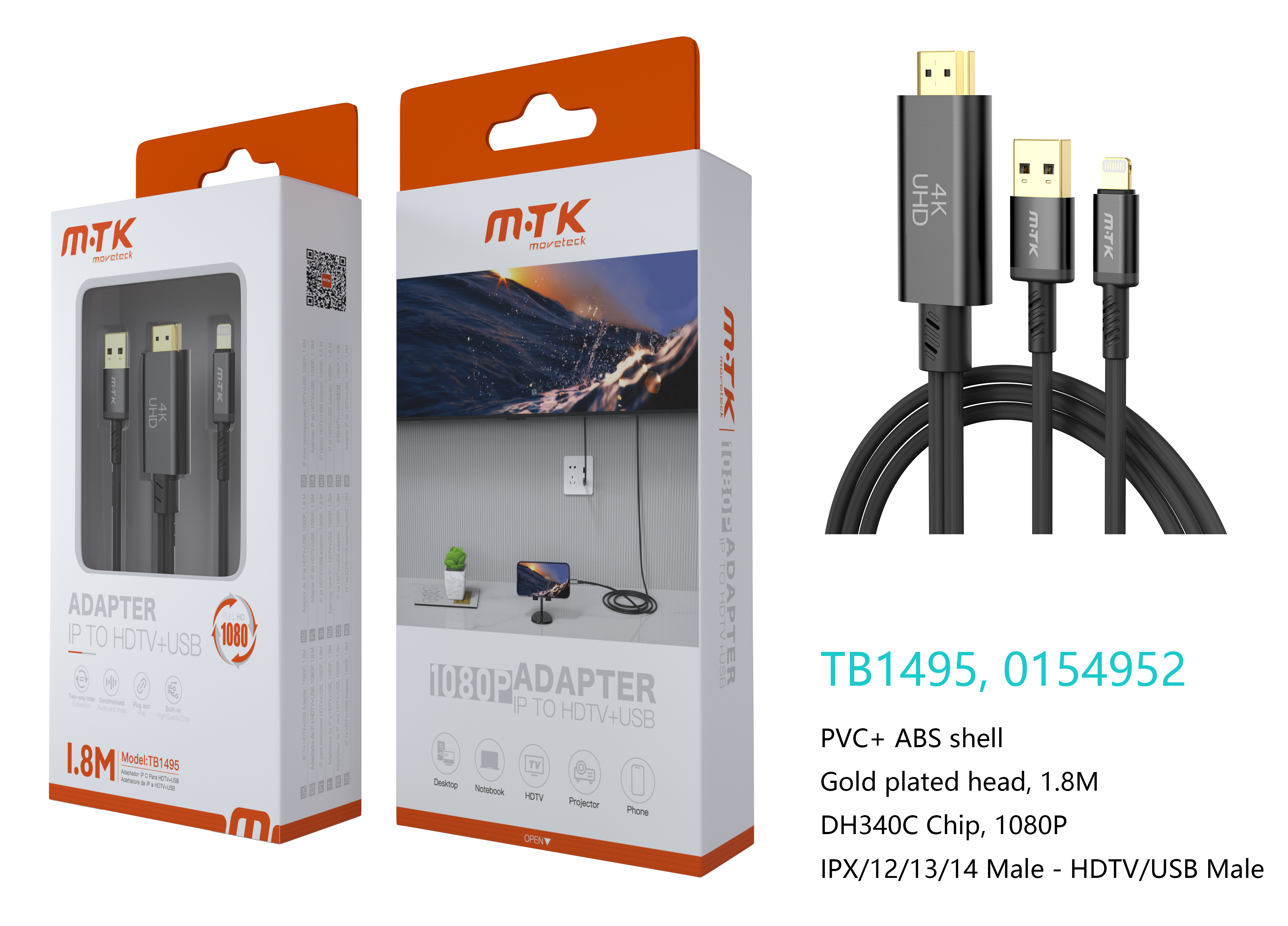 TB1495 NE Luxury Adaptador 2 en 1 Lightning(Macho) a HDMI+USB 2.0(Macho), 1080P, Cable 1.8M, Negro