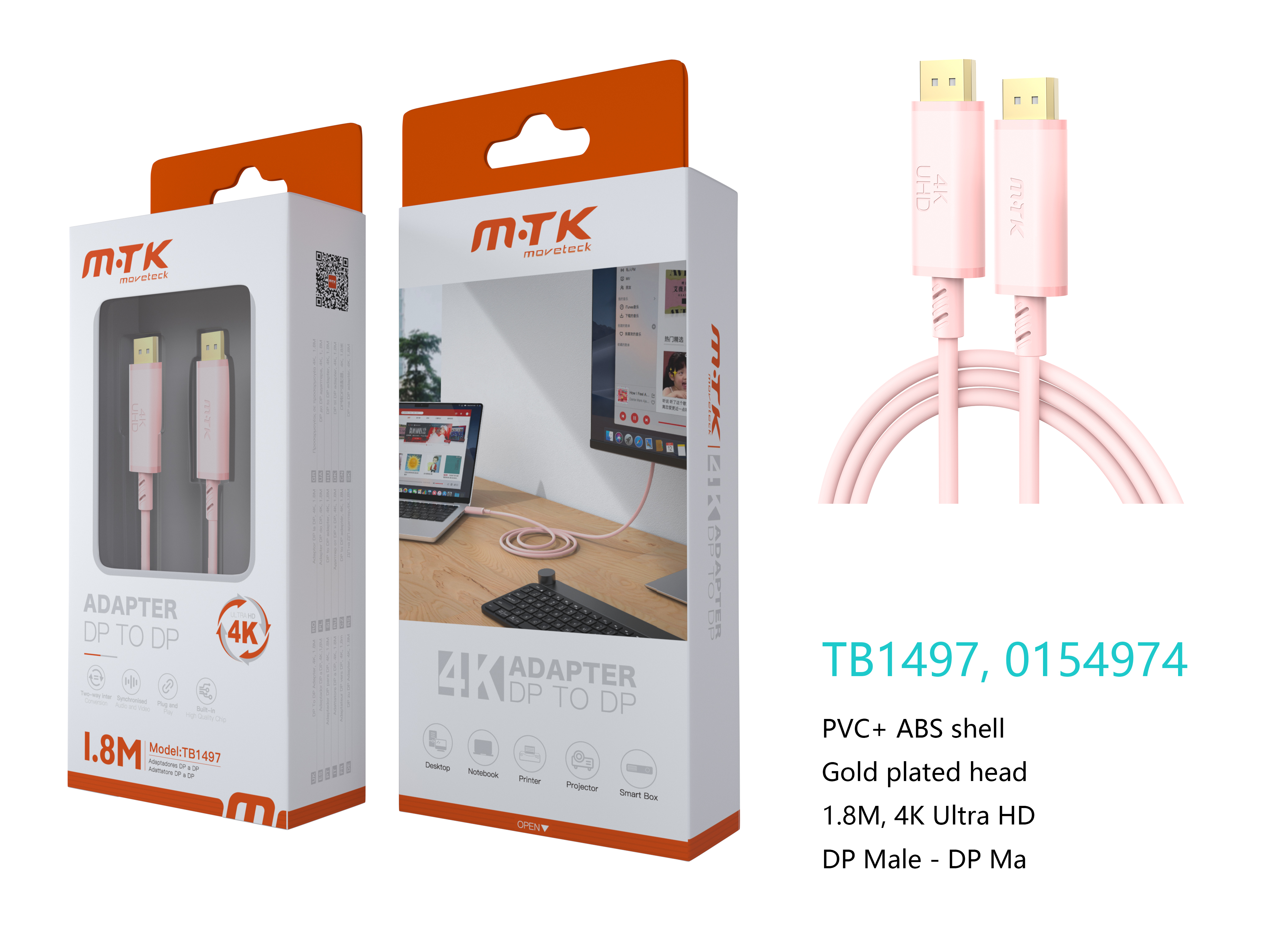 TB1497 RS Luxury Calbe Displayport(Macho) a Displayport(Macho), 4K/60Hz, Cable 1.8M, Rosa