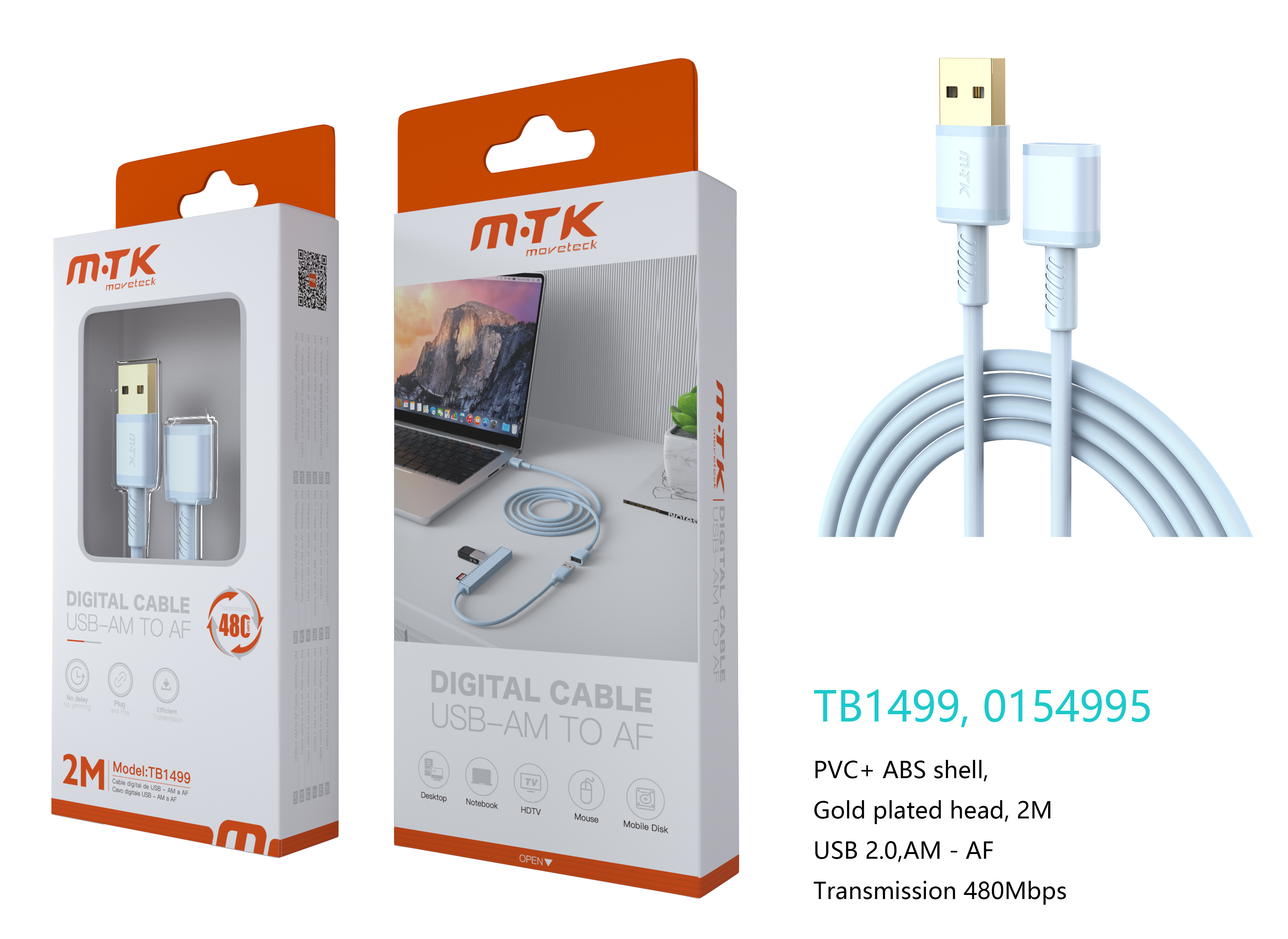 TB1499 AZ Luxury Cable USB 2.0 Macho a Hembra, 480Mbps, 2M, Azul