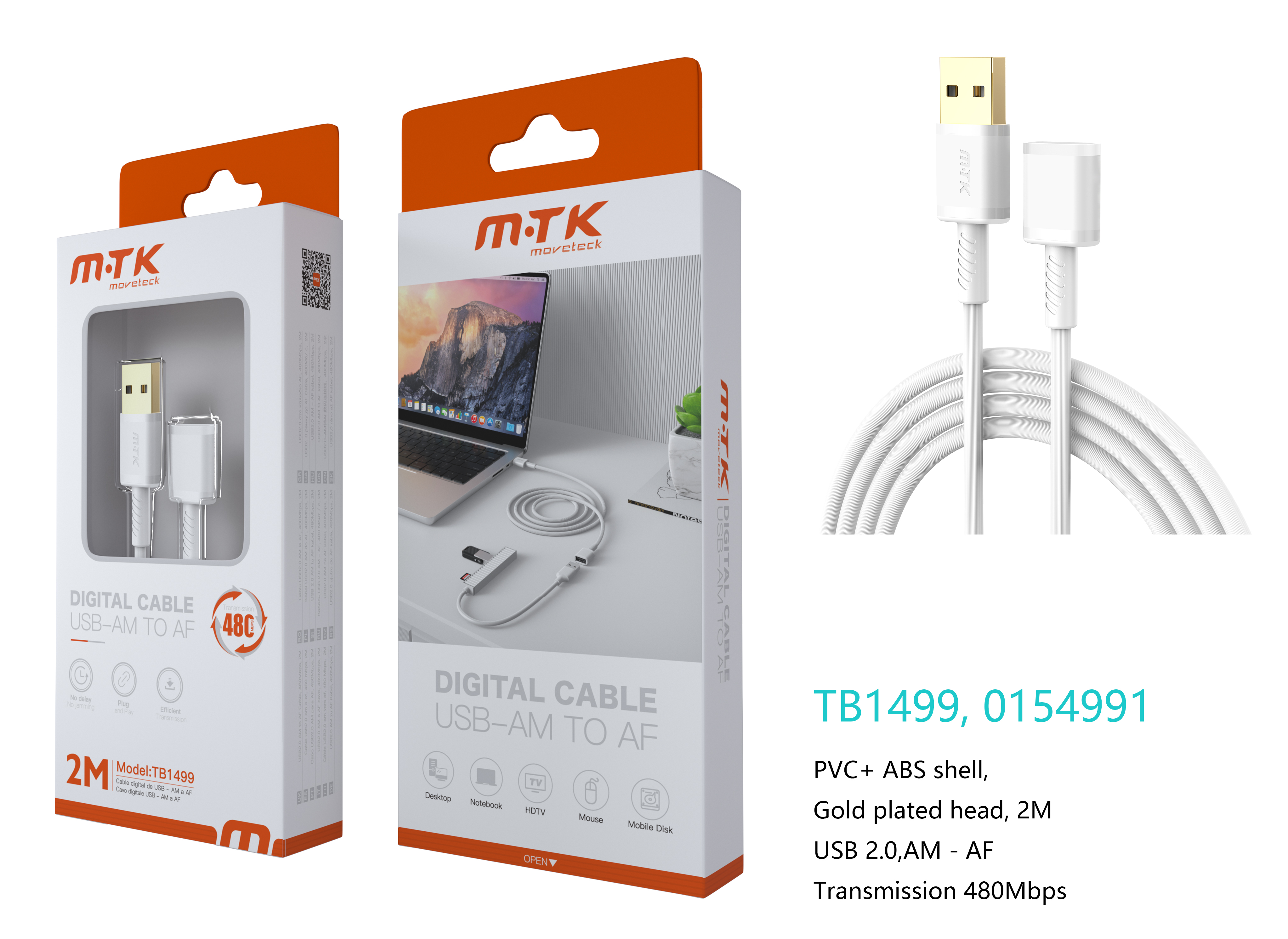 TB1499 BL Luxury Cable USB 2.0 Macho a Hembra, 480Mbps, 2M , Blanco