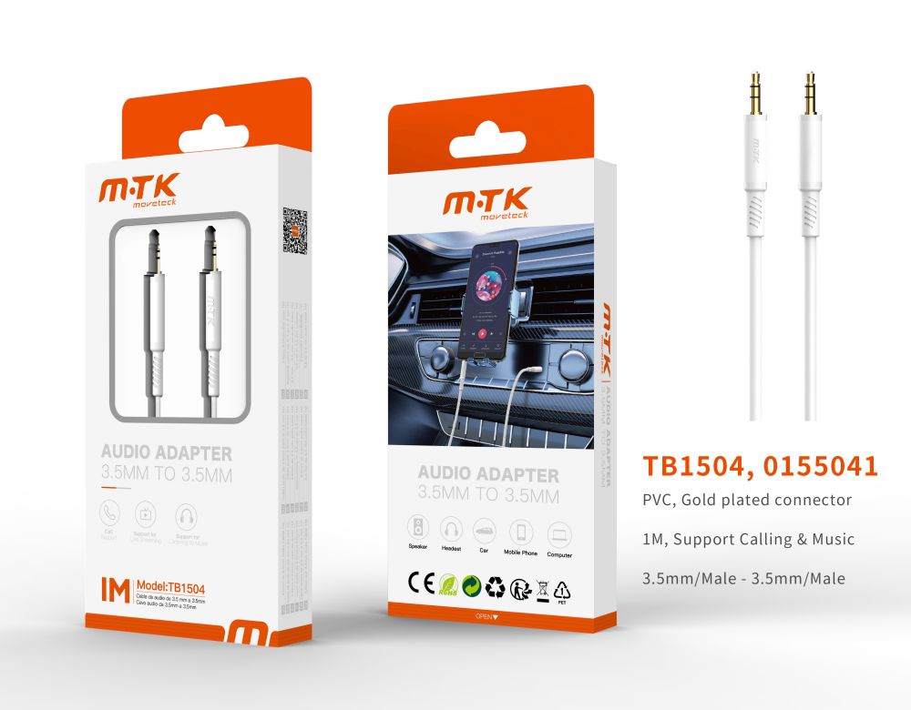 TB1504 BL Luxury Cable Audio 3.5mm Macho a Macho, Soporta llamada y Musica, 1M, Blanco