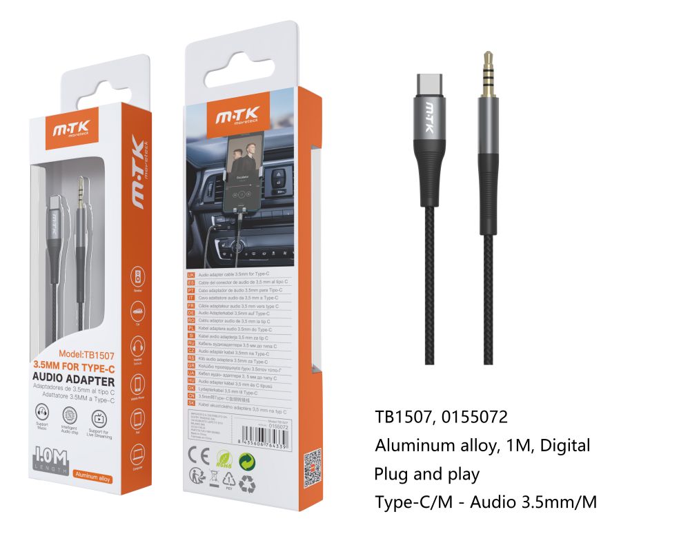 TB1507 NE Adaptador de audio, Type-C(Macho) a 3.5mm(Hembra), Con Codificador Digital, 1M, Negro