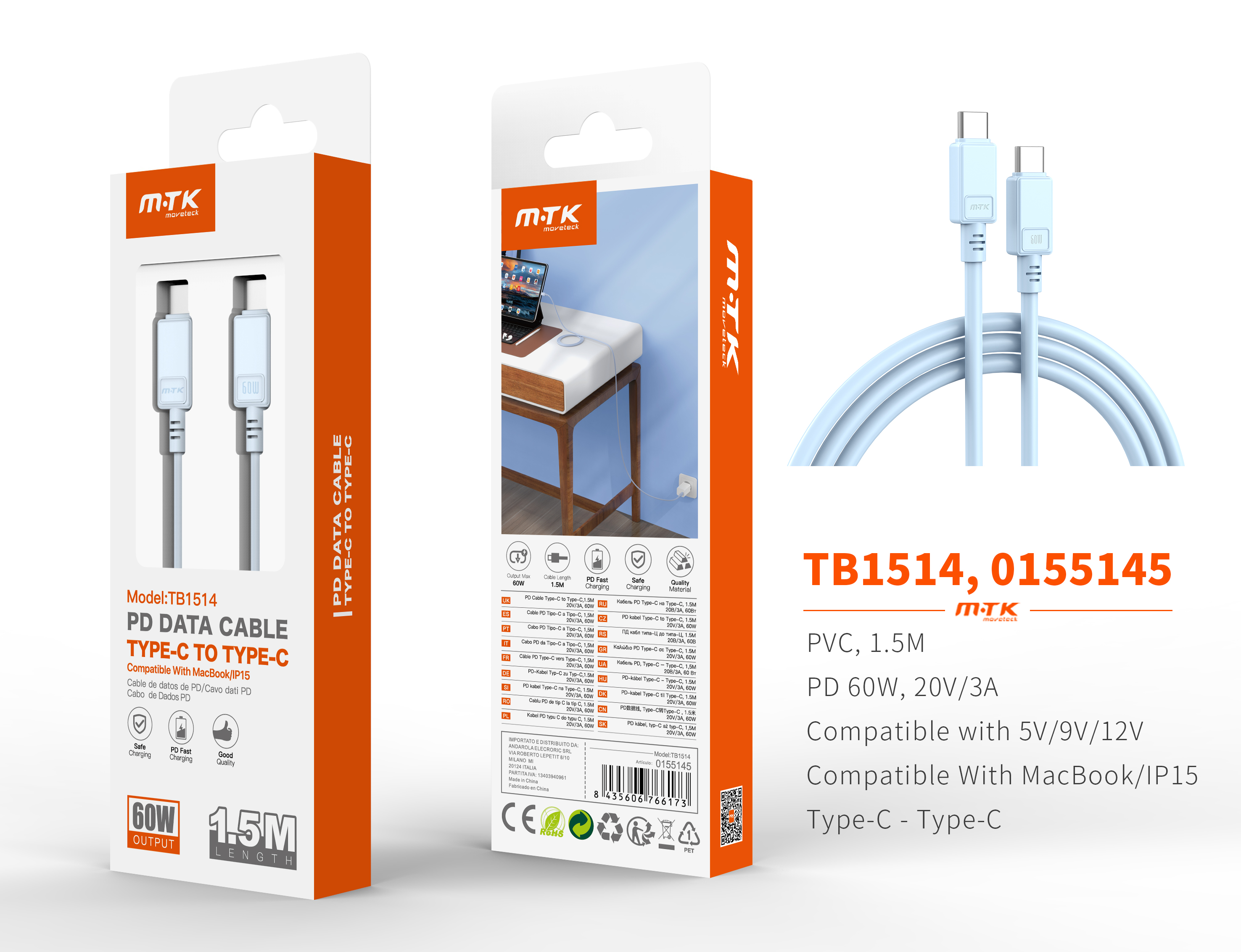 TB1514 AZ Cable de Datos Lucie Type-C a Type-C, Carga Rapida 60W 20V/3A, Compatible con Apple Type-C