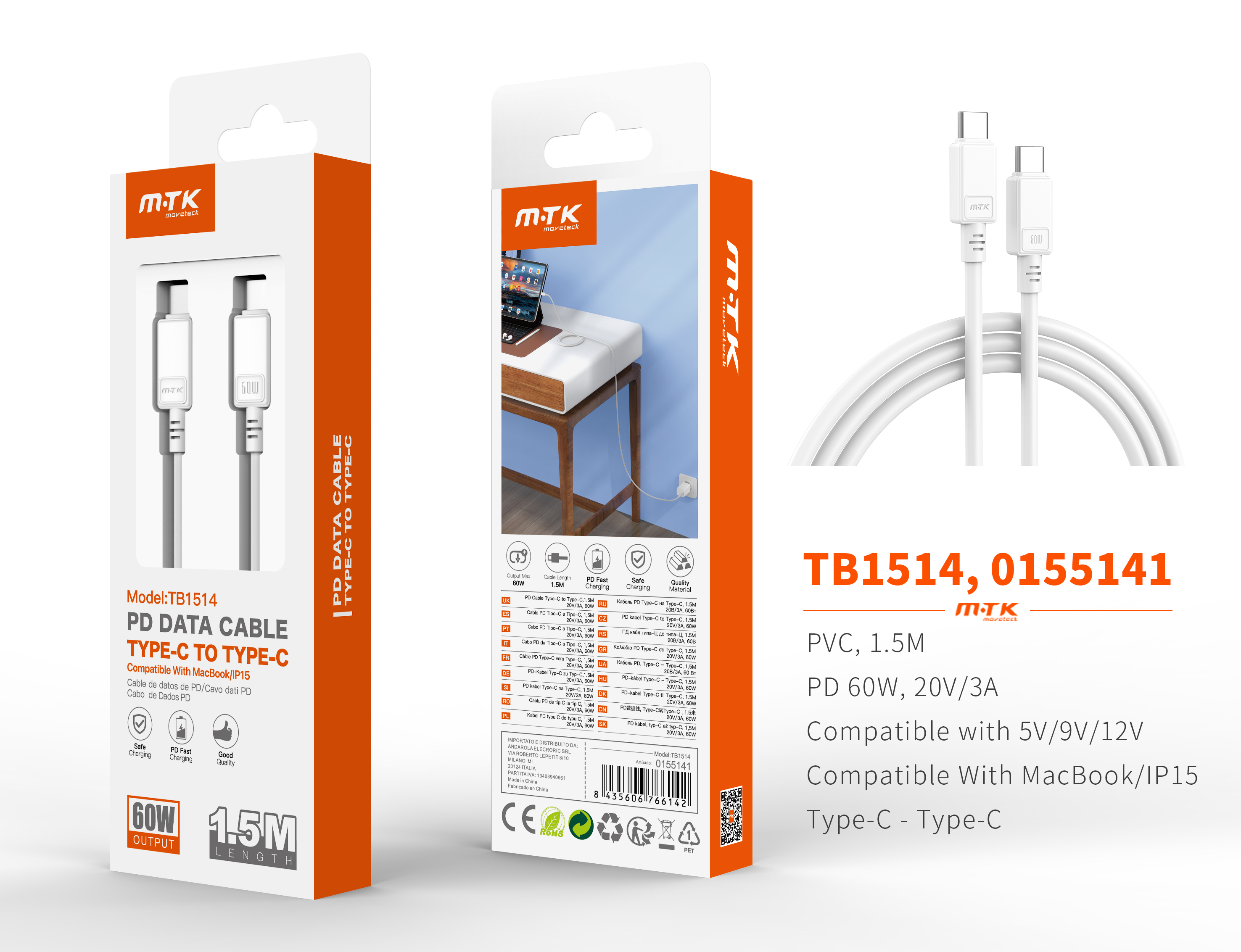 TB1514 BL Cable de Datos Lucie Type-C a Type-C, Carga Rapida 60W 20V/3A, Compatible con Apple Type-C