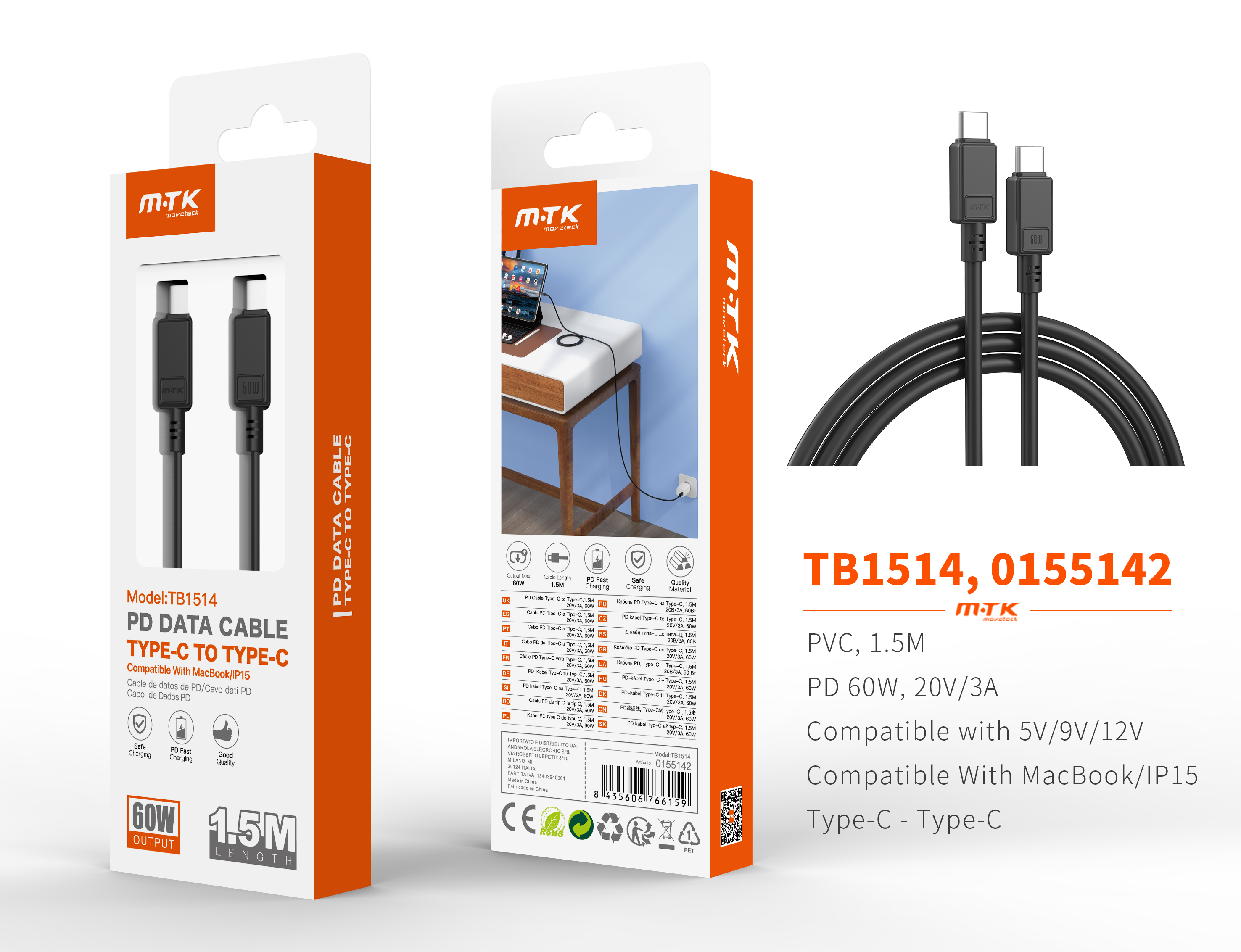 TB1514 NE Cable de Datos Lucie Type-C a Type-C, Carga Rapida 60W 20V/3A, Compatible con Apple Type-C