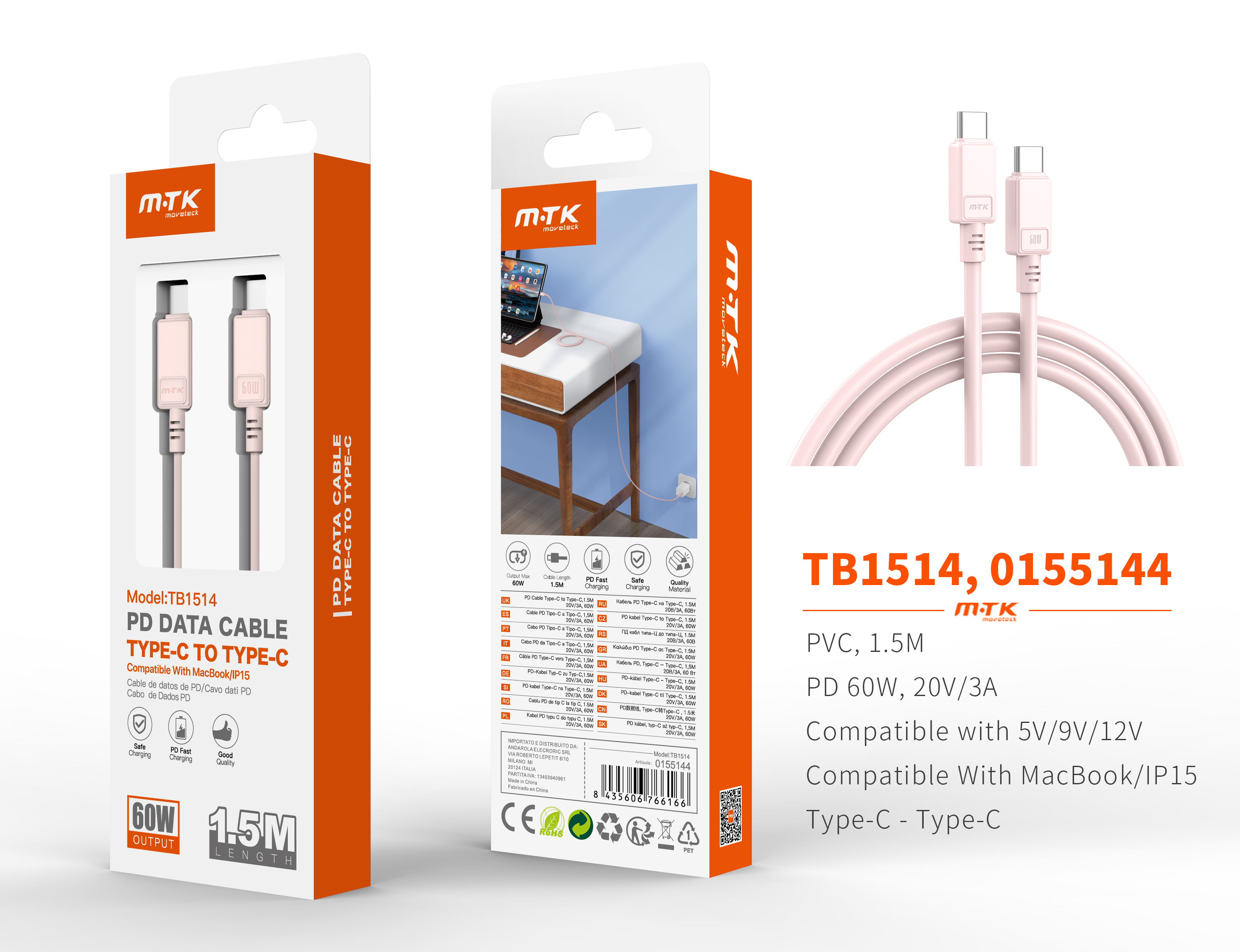 TB1514 RS Cable de Datos Lucie Type-C a Type-C, Carga Rapida 60W 20V/3A, Compatible con Apple Type-C, Rosa