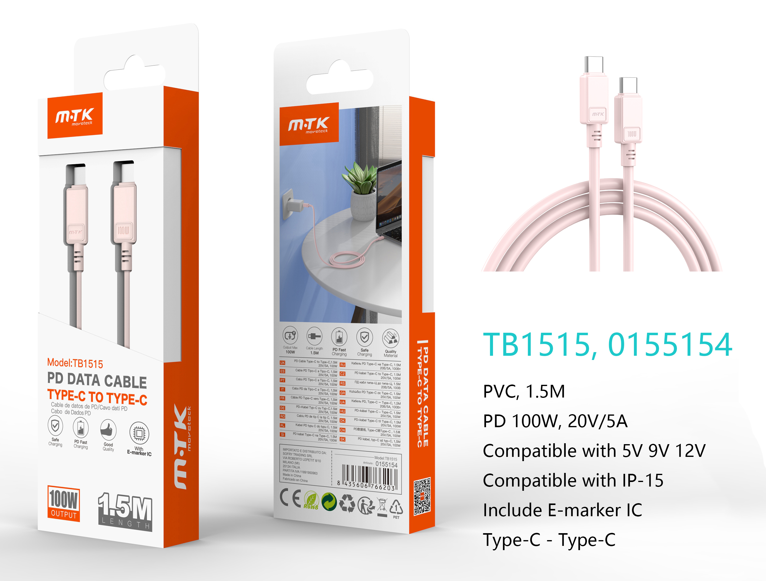 TB1515 RS Cable de Datos Lucie Type-C a Type-C, Carga Rapida 100W 20V/5A, Chip IC, Compatible con Ap