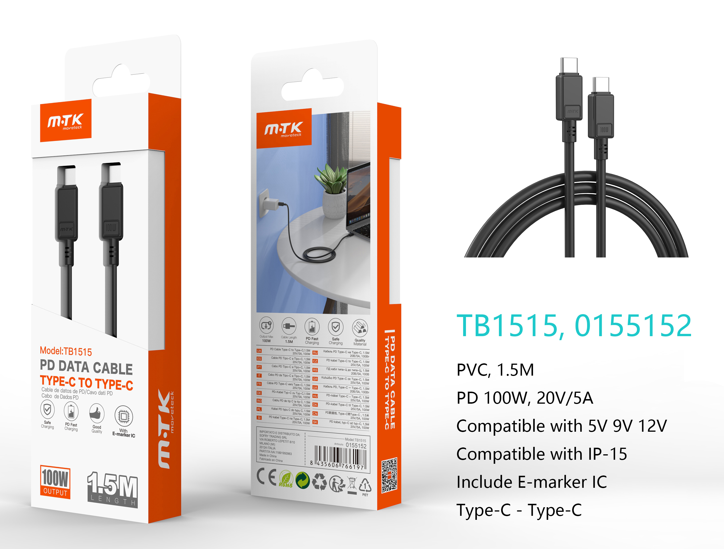 TB1515NE Cable de Datos Lucie Type-C a Type-C, Carga Rapida 100W 20V/5A, Chip IC, Compatible con App