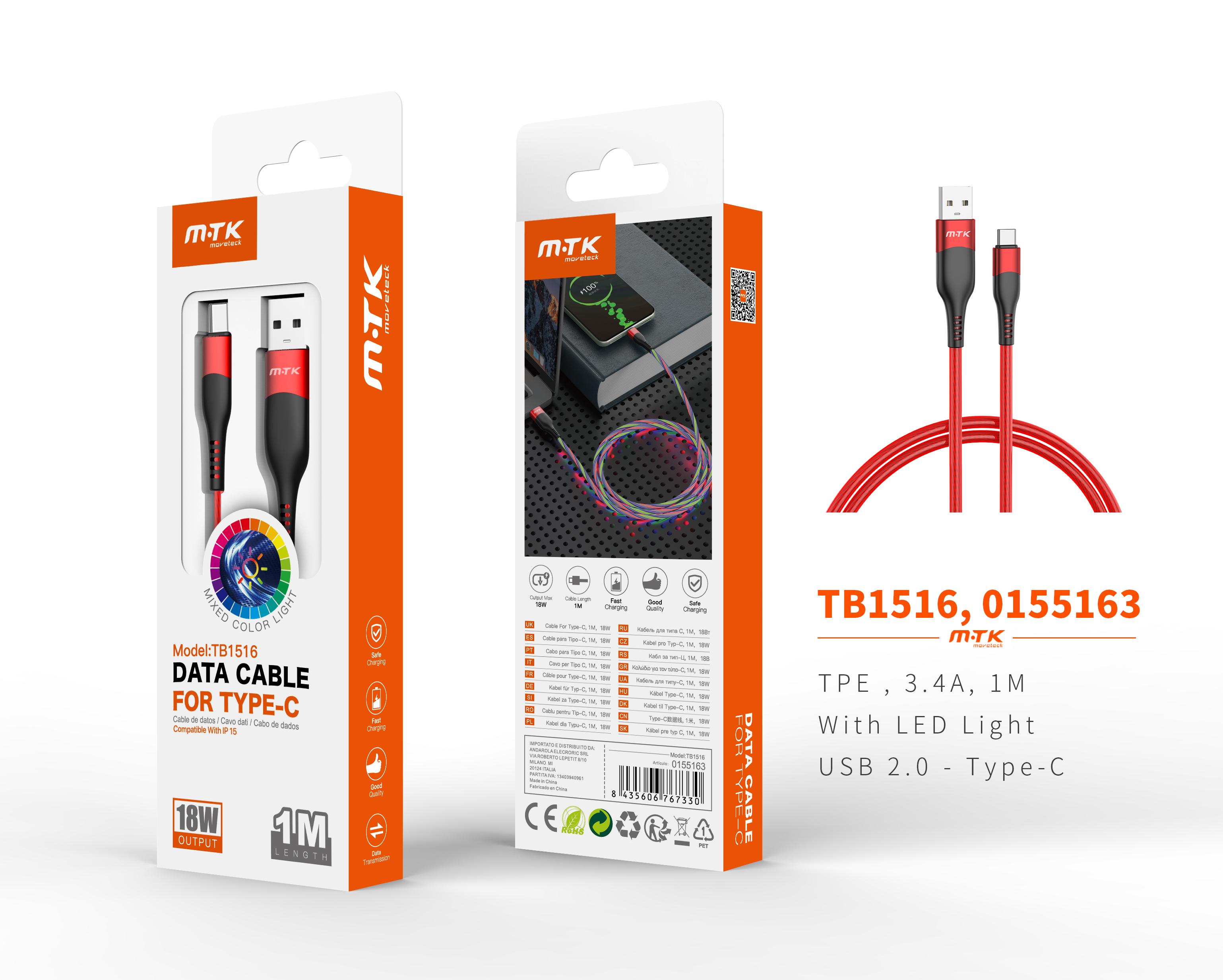 TB1516 RJ Cable de Datos Ames para Type-C Con Luz LED 5V/3A, 1M, Rojo