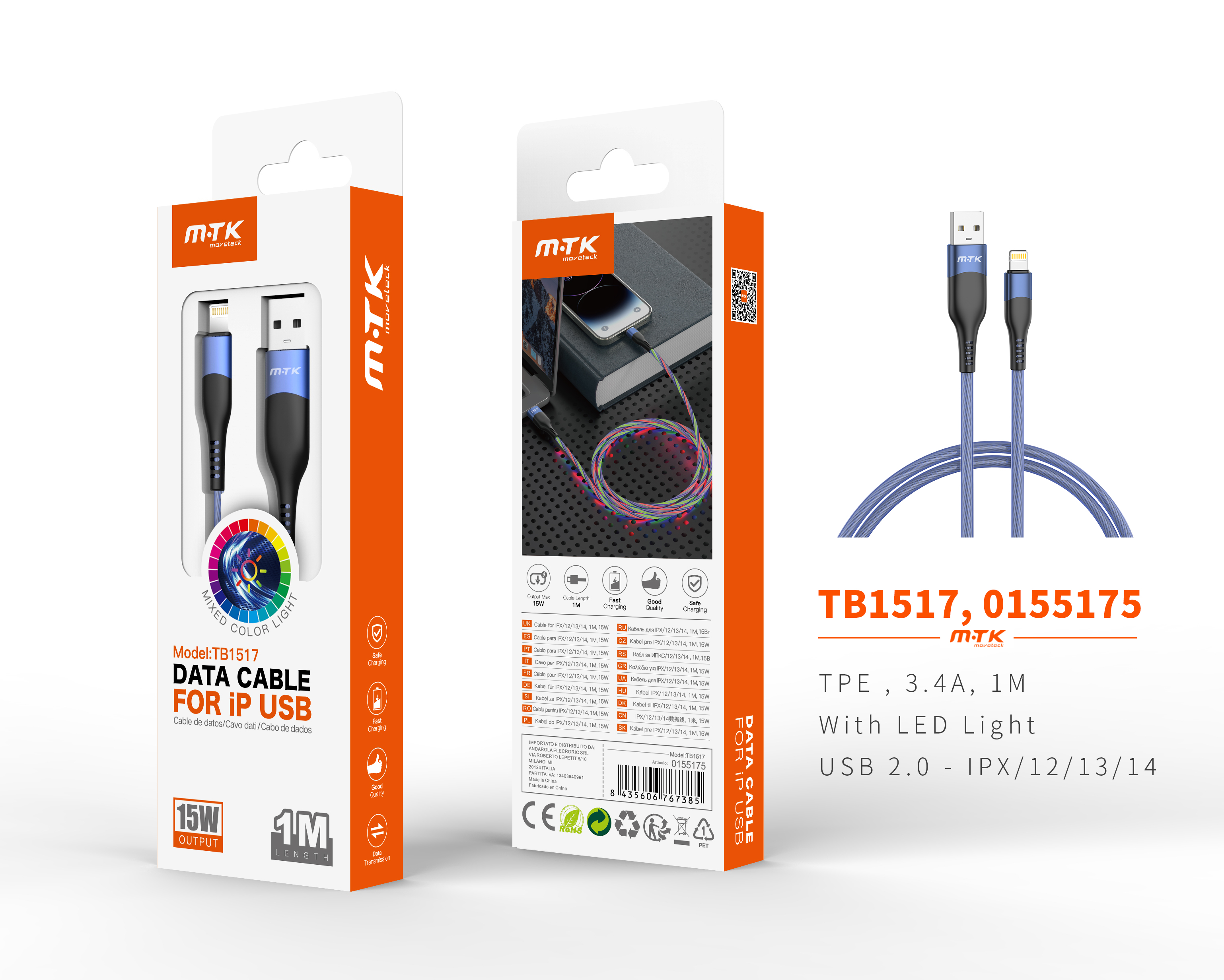 TB1517 AZ Cable de Datos Ames para Iphone 5-14 Con Luz LED 5V/3A, 1M, Azul