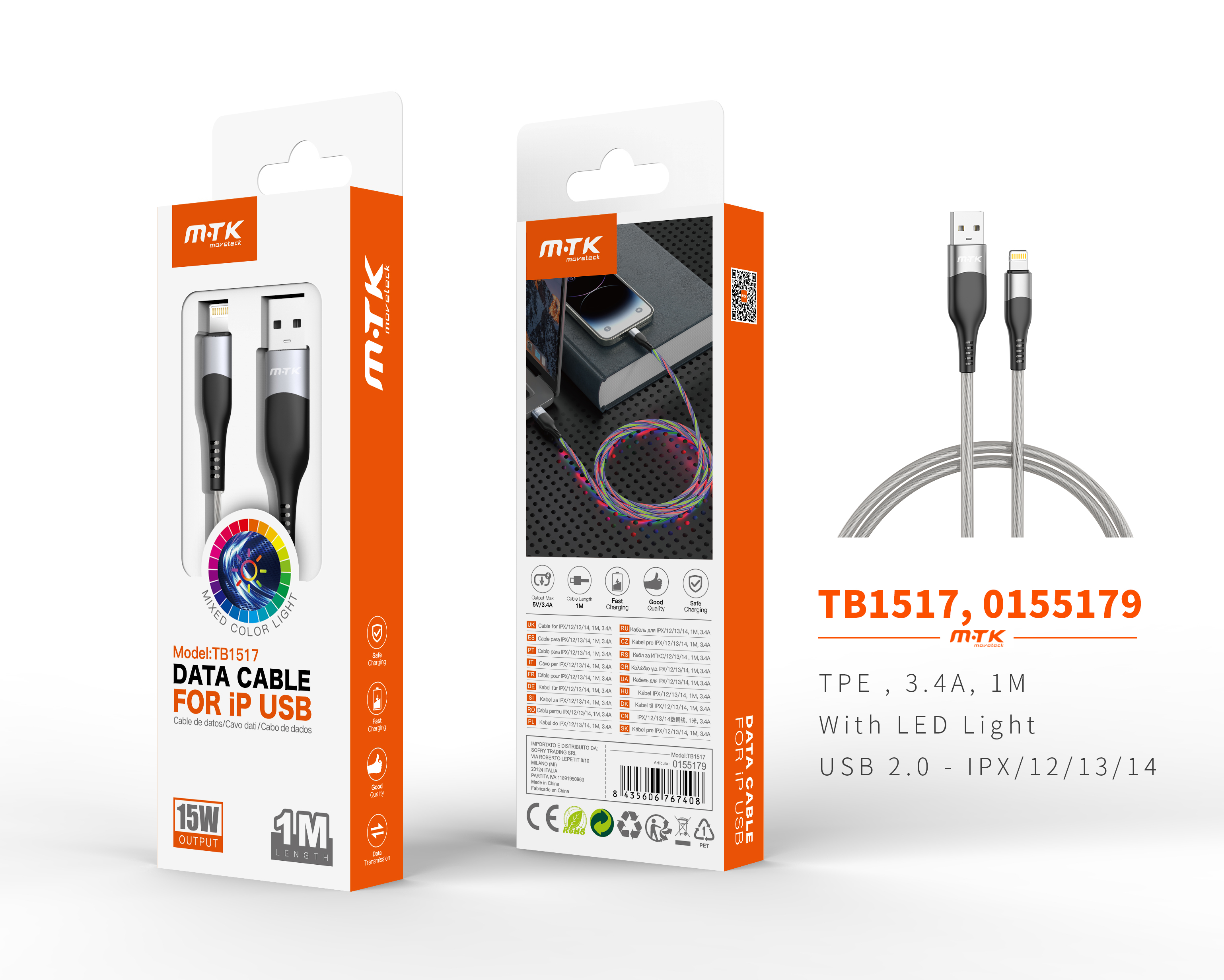 TB1517 GR Cable de Datos Ames para Iphone 5-14 Con Luz LED 5V/3A, 1M, Gris