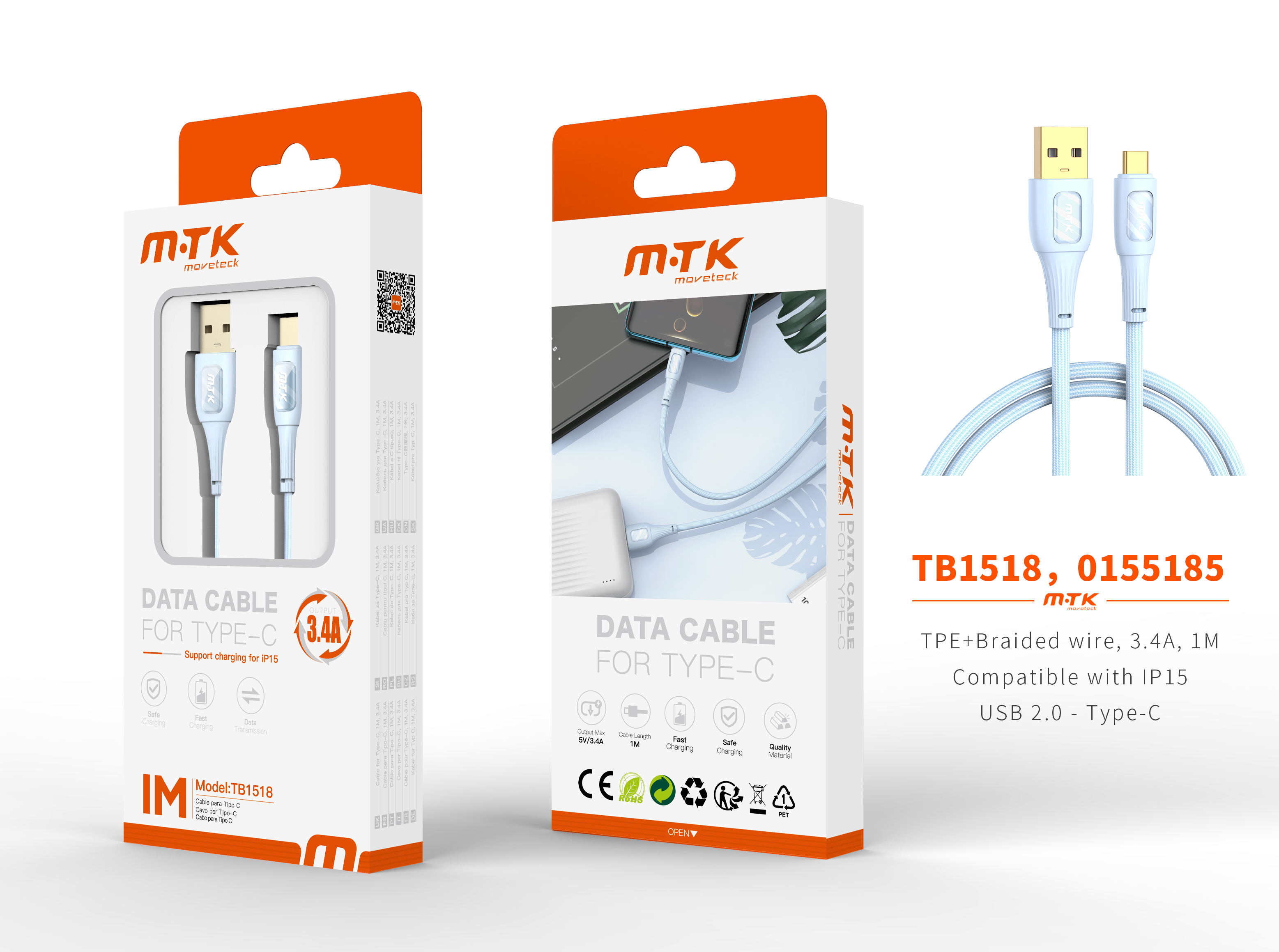 TB1518 AZ Luxury Cable de datos Yuri nylon trenzado para Type-C, Compatible con IPhone Type-C, 5V/3.4A, 1M, Azul