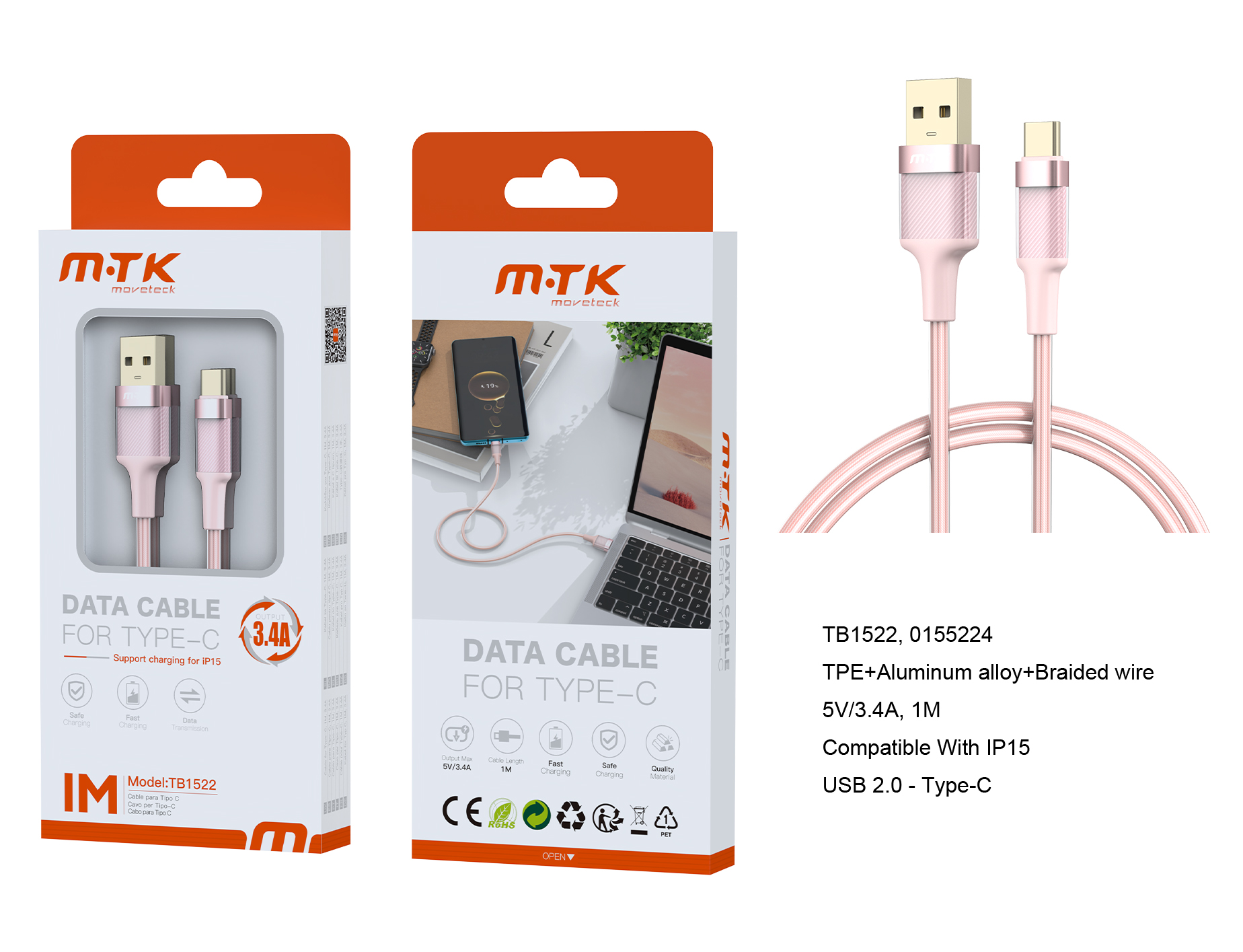 TB1522 RS Luxury Cable de datos Noah Aluminio trenzado para Type-C, Compatible con IPhone Type-C, 5V