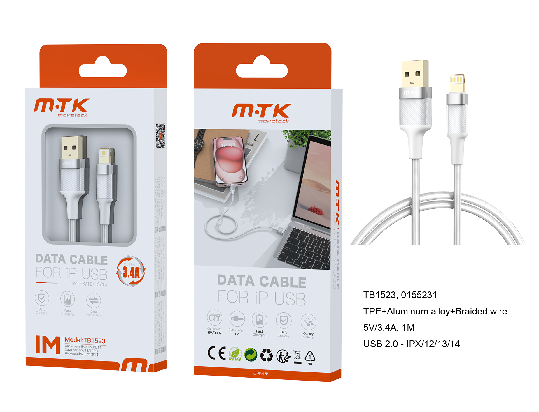 TB1523 BL Luxury Cable de datos Noah Aluminio trenzado para Iphone 5-14, 5V/3.4A, 1M, Blanco