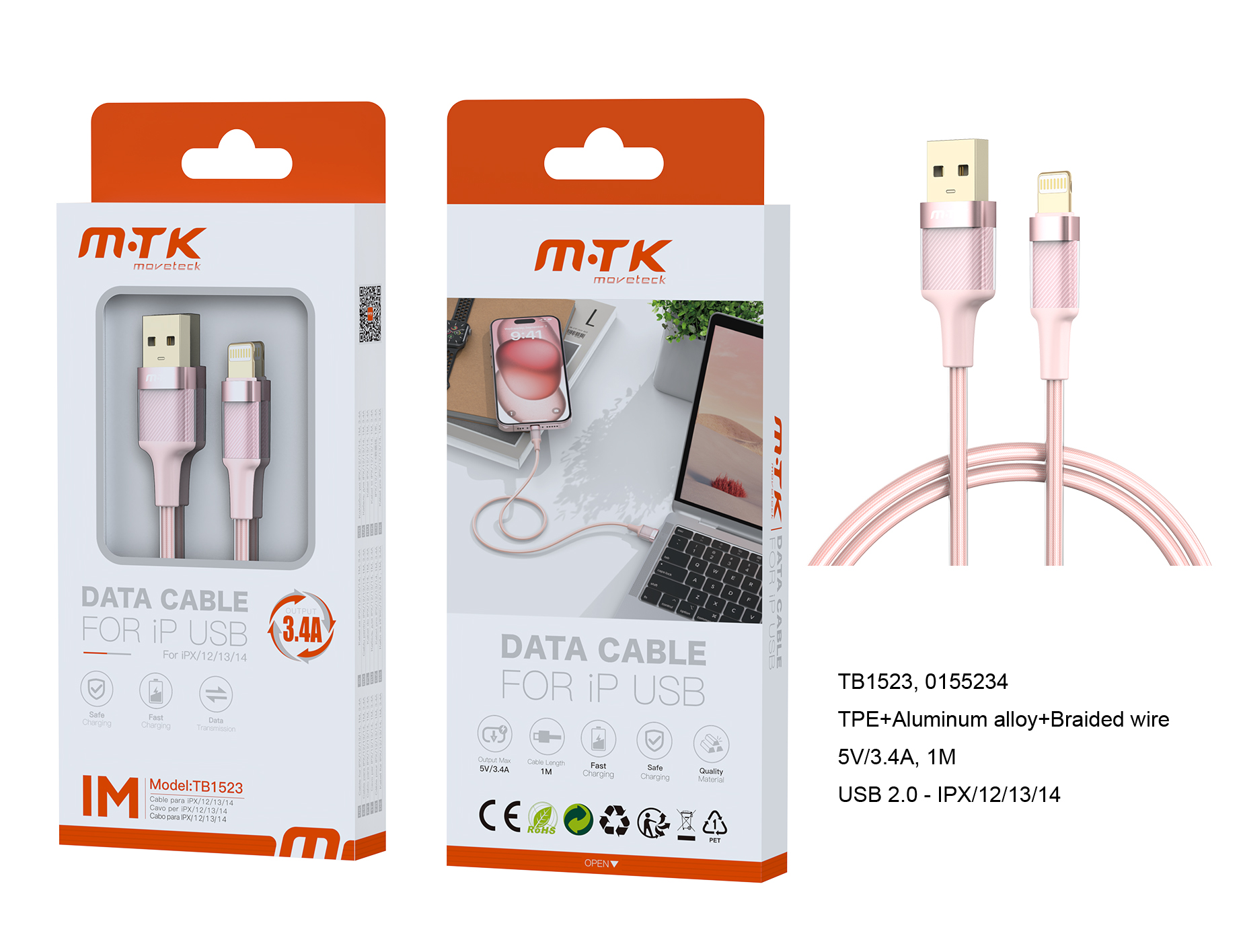 TB1523 RS Luxury Cable de datos Noah Aluminio trenzado para Iphone 5-14, 5V/3.4A, 1M, Rosa