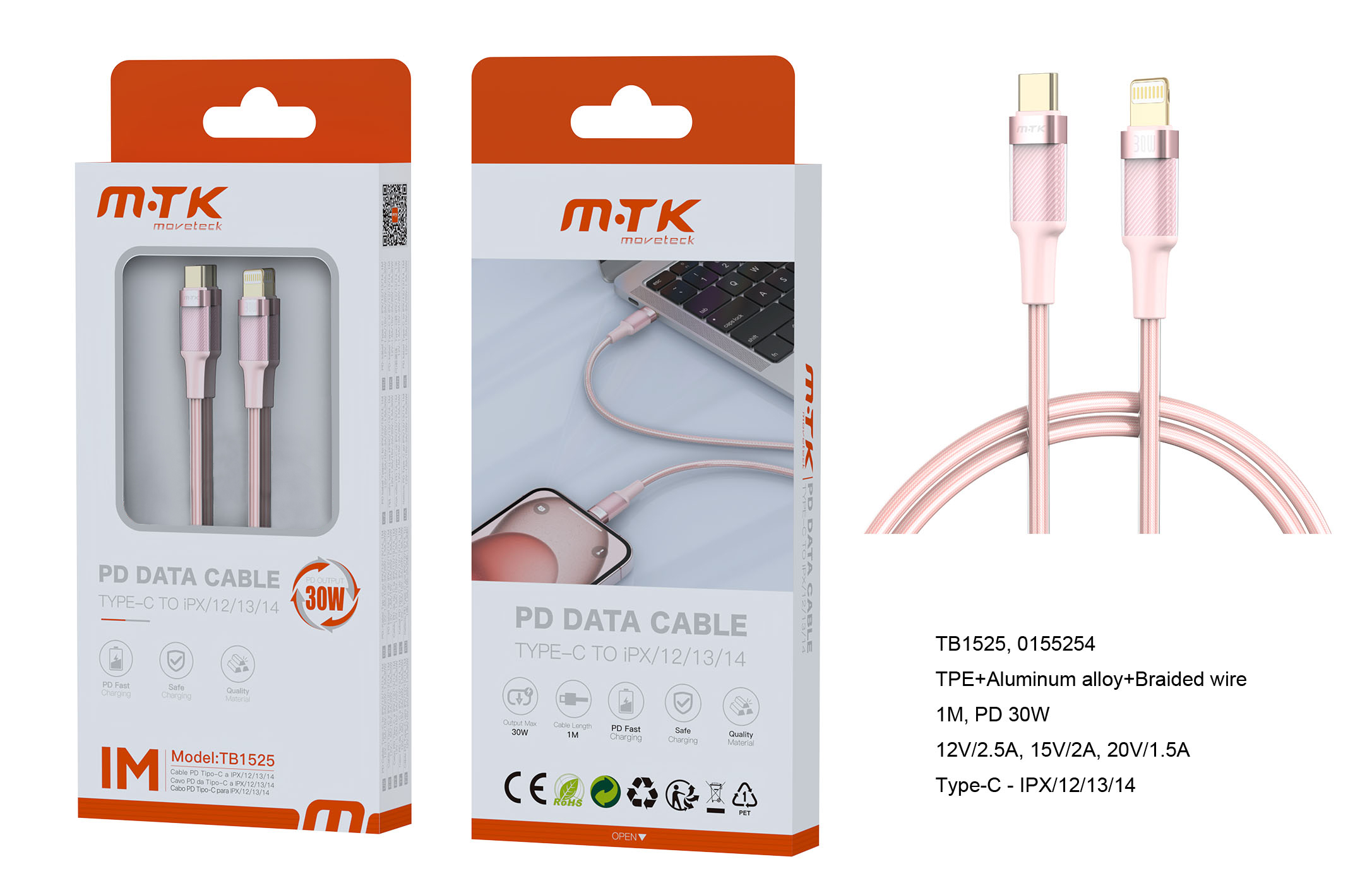 TB1525 RS Luxury Cable de datos Noah Aluminio trenzado Type C a Light-ning, PD 30W, 1M, Rosa