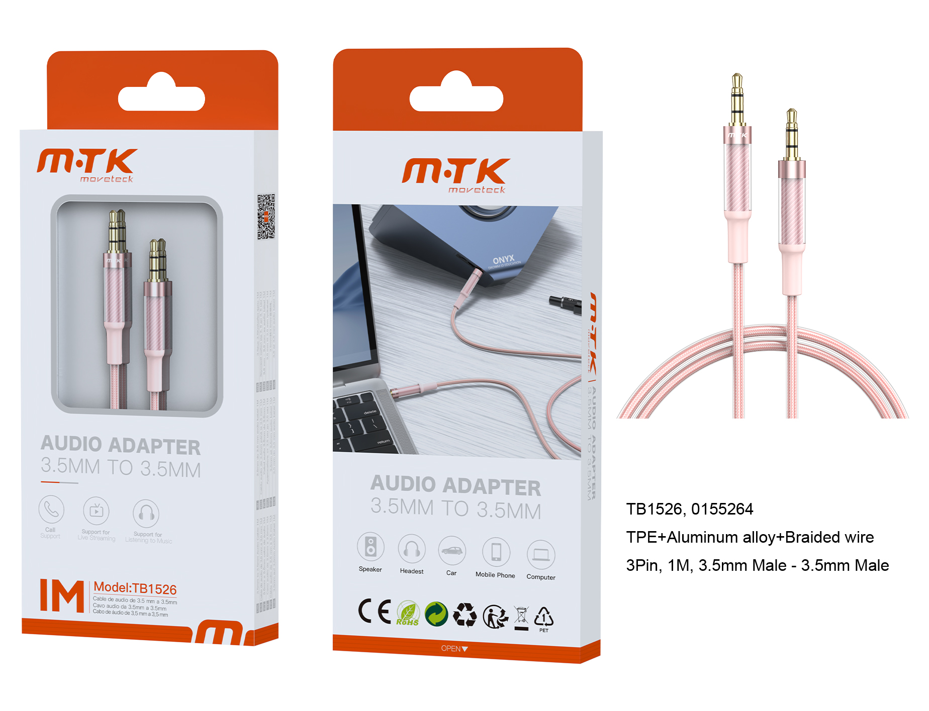 TB1526 RS Luxury Cable de audio Noah Aluminio trenzado 1m, Rosa