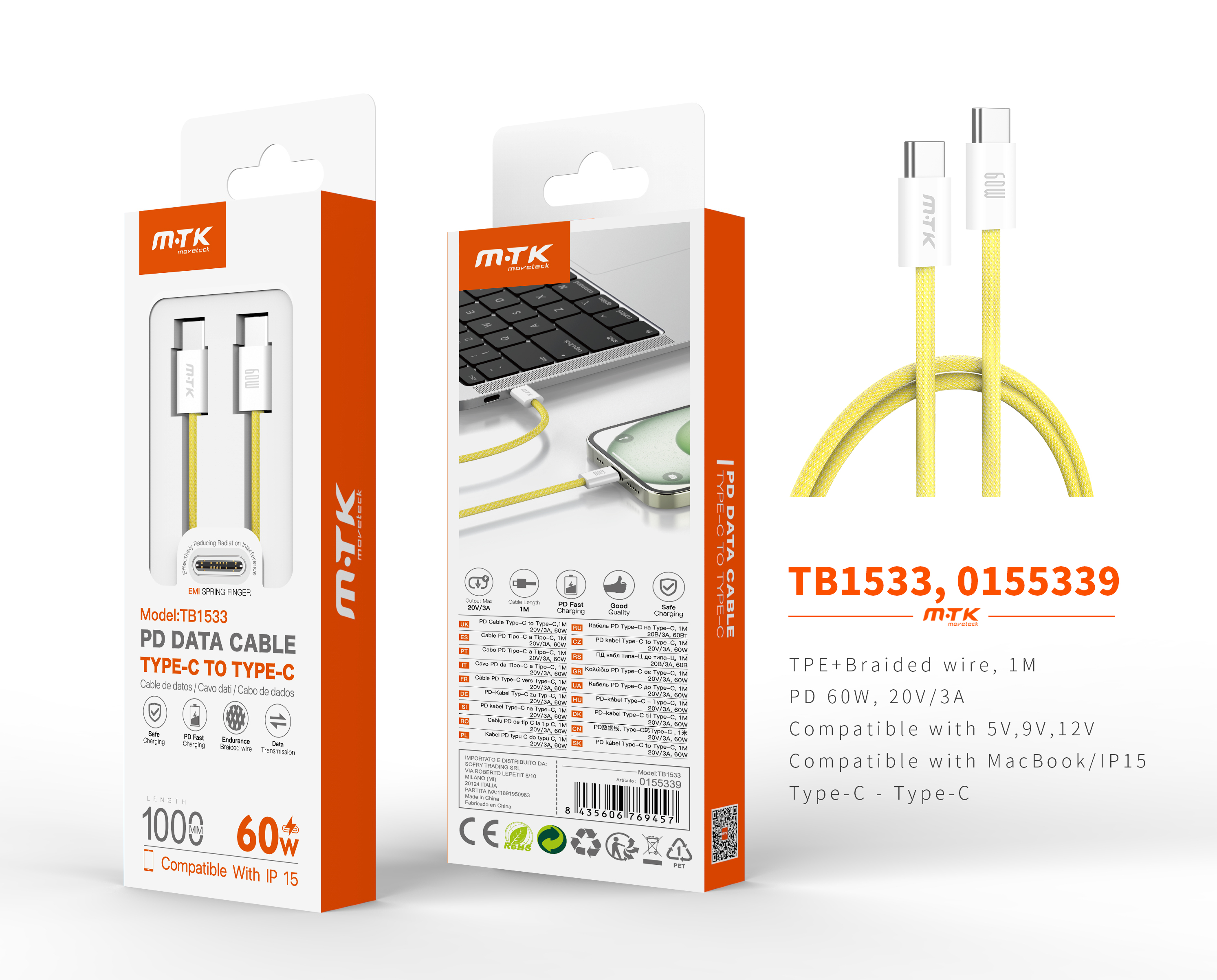 TB1533 AM Cable de datos Coty trenzado para Type-C a Type-C , Compatible con Apple Type-C, 60W/20V/3A, 1M, Amarillo