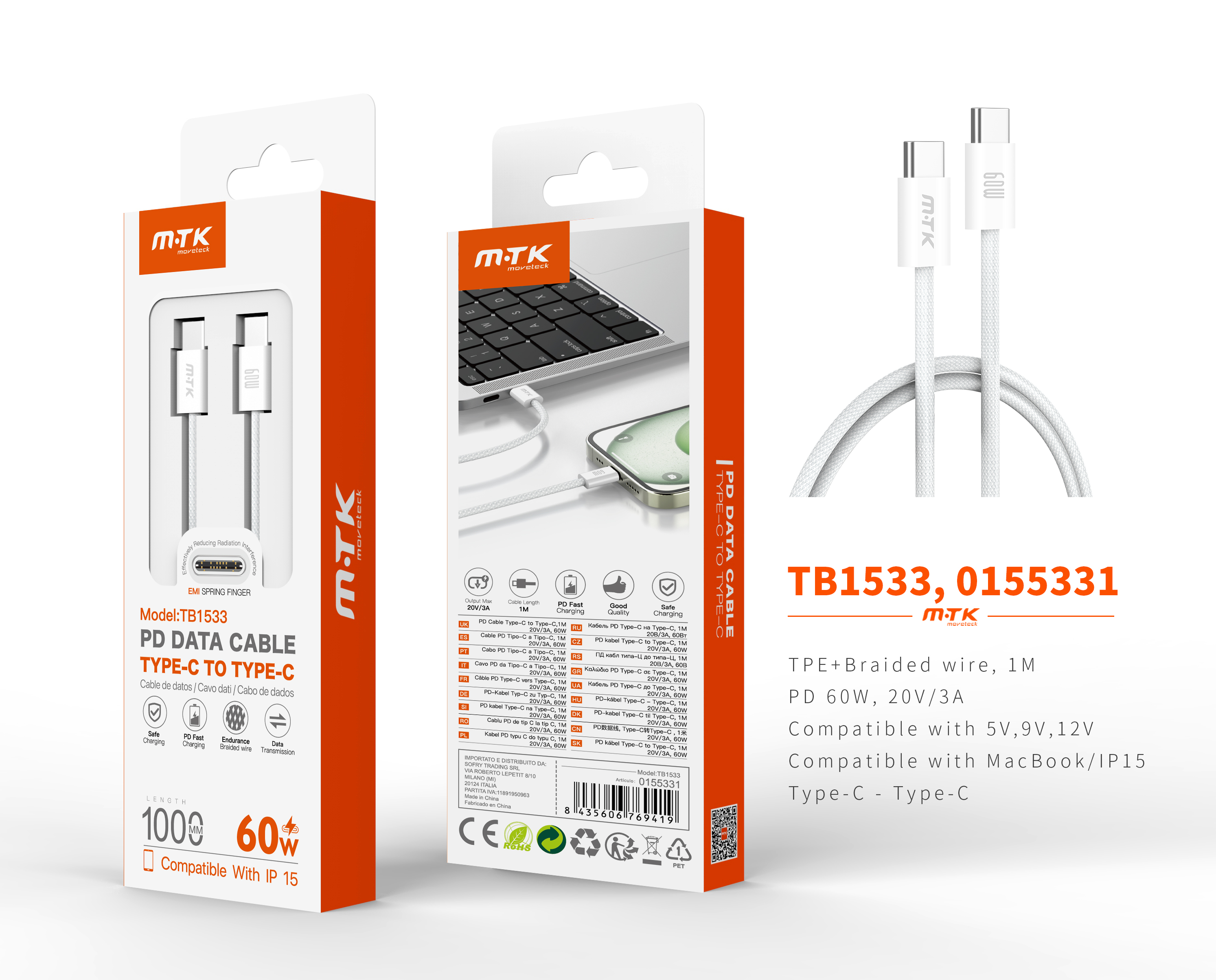 TB1533 BL Cable de datos Coty trenzado para Type-C a Type-C , Compatible con Apple Type-C, 60W/20V/3A, 1M, Blanco