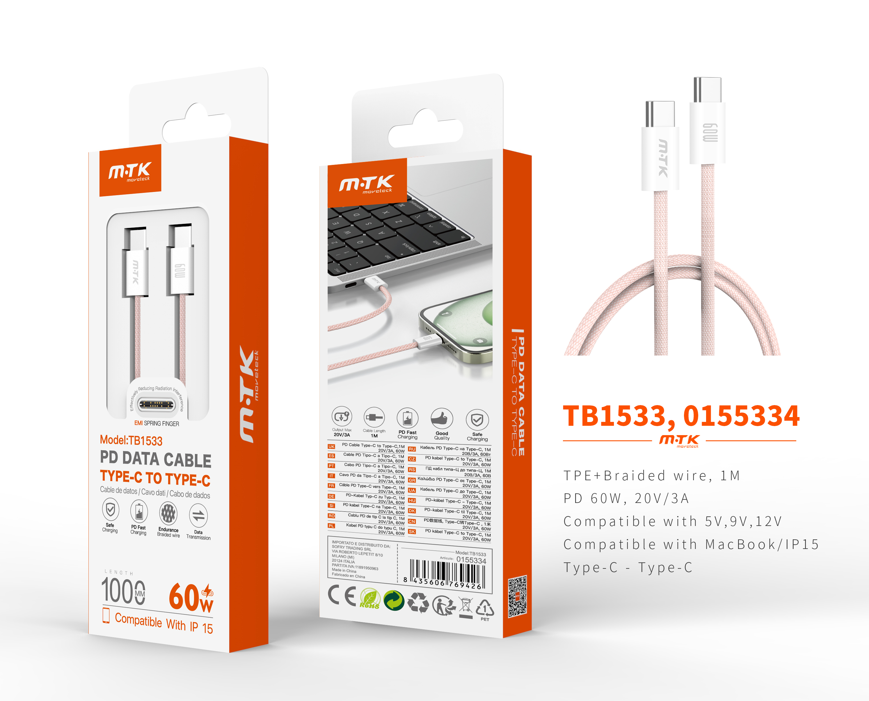 TB1533 RS Cable de datos Coty trenzado para Type-C a Type-C , Compatible con Apple Type-C, 60W/20V/3A, 1M, Rosa