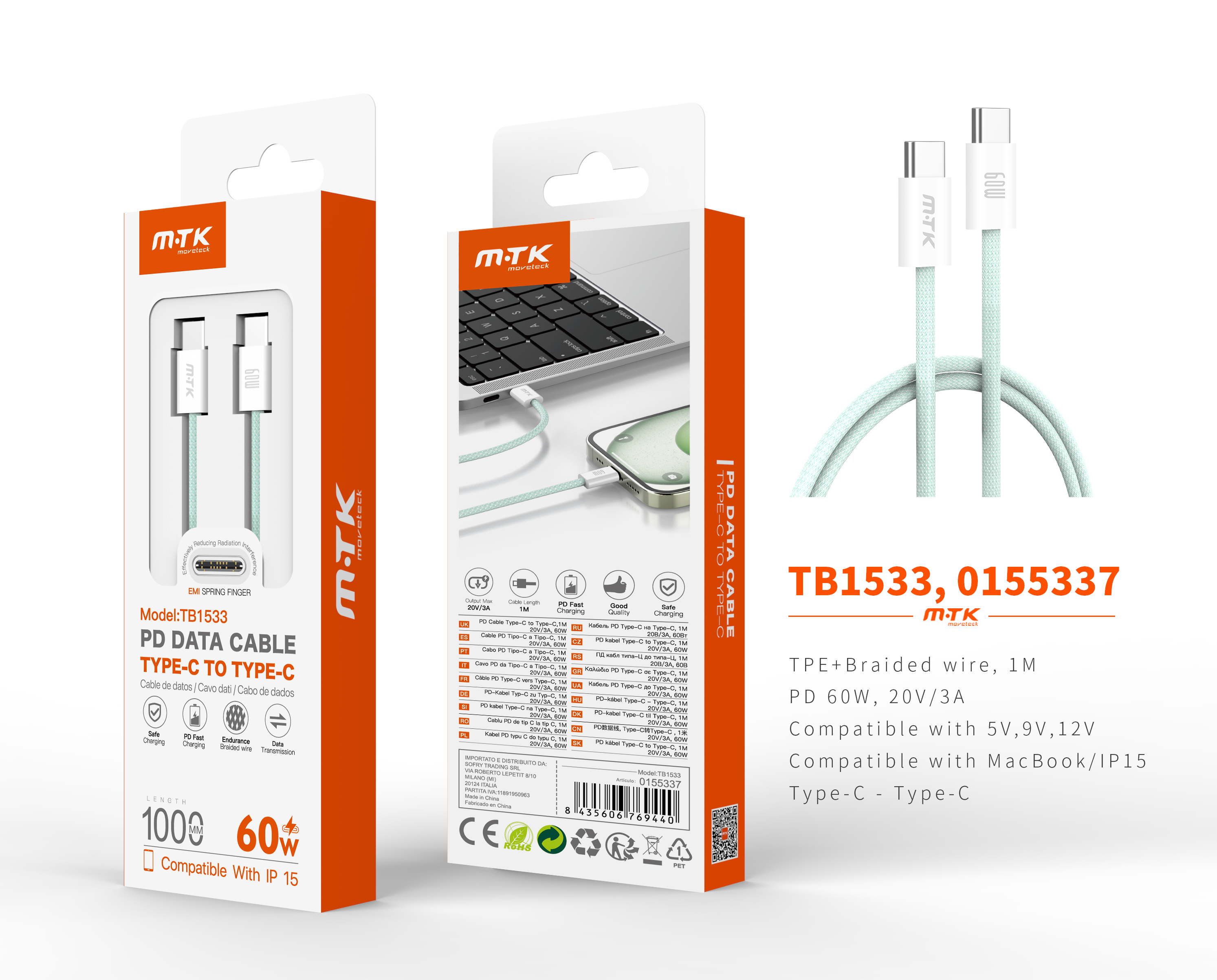 TB1533 VE Cable de datos Coty trenzado para Type-C a Type-C , Compatible con Apple Type-C, 60W/20V/3A, 1M, Verde