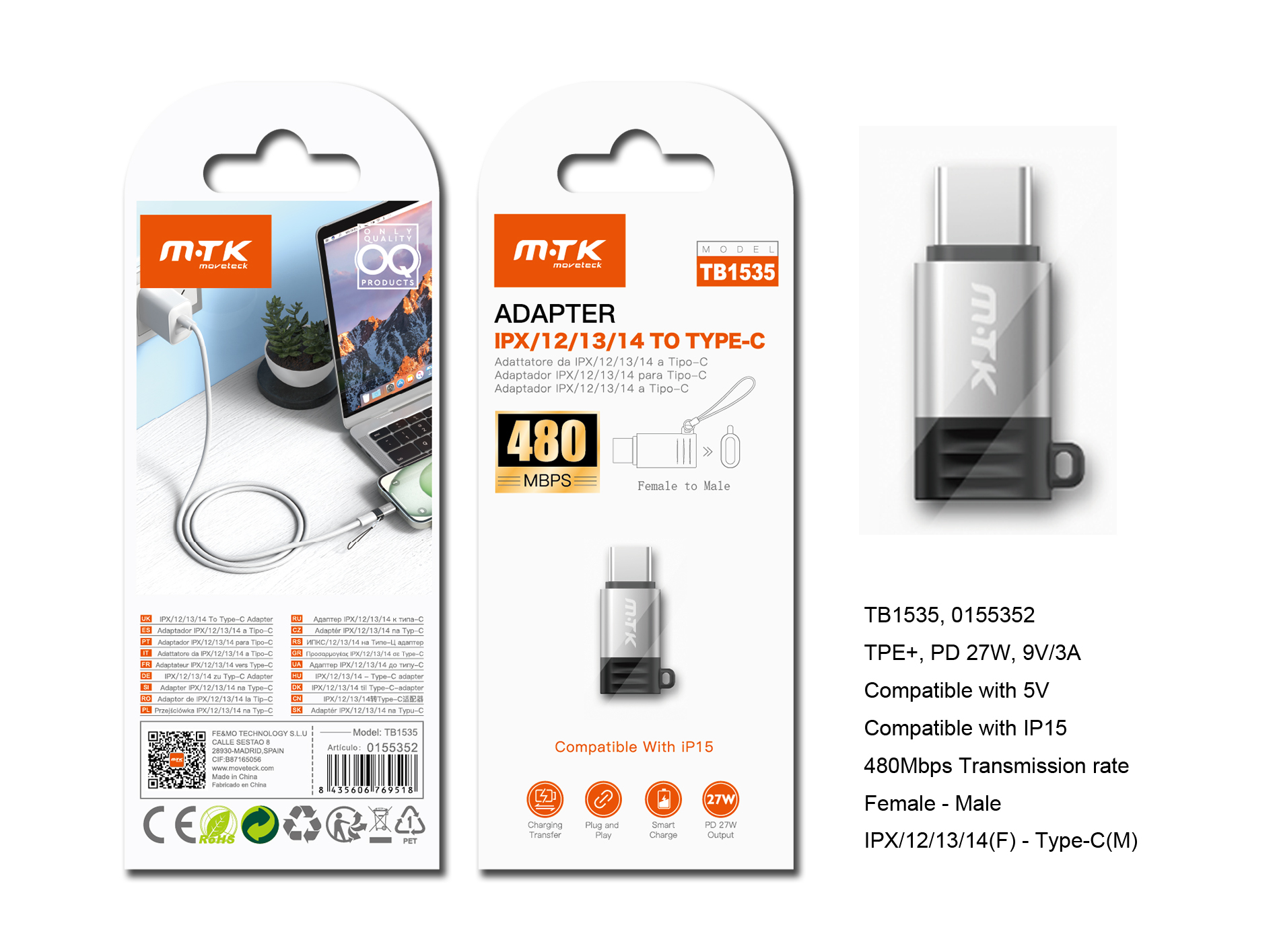 TB1535 PT Adaptador Lightning a Type-C£¬Soporta Carga 27W/9V/3A/480Mbps Compatible con Iphone Type-C