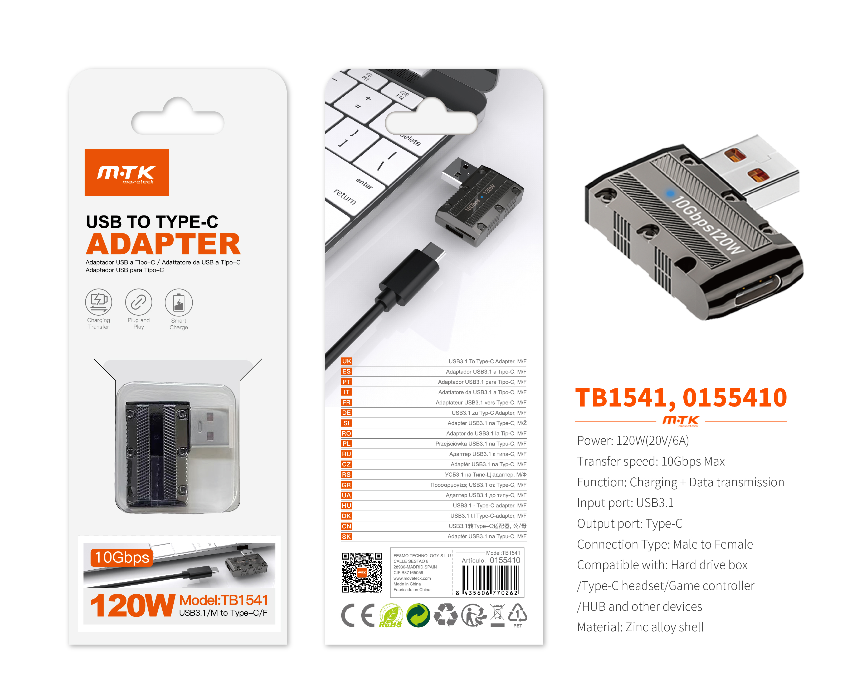 TB1541 NE Adaptador USB 3.1 (Macho) a Type-C(Hembra), Soporta transmision de datos y carga 10 Gbps/1