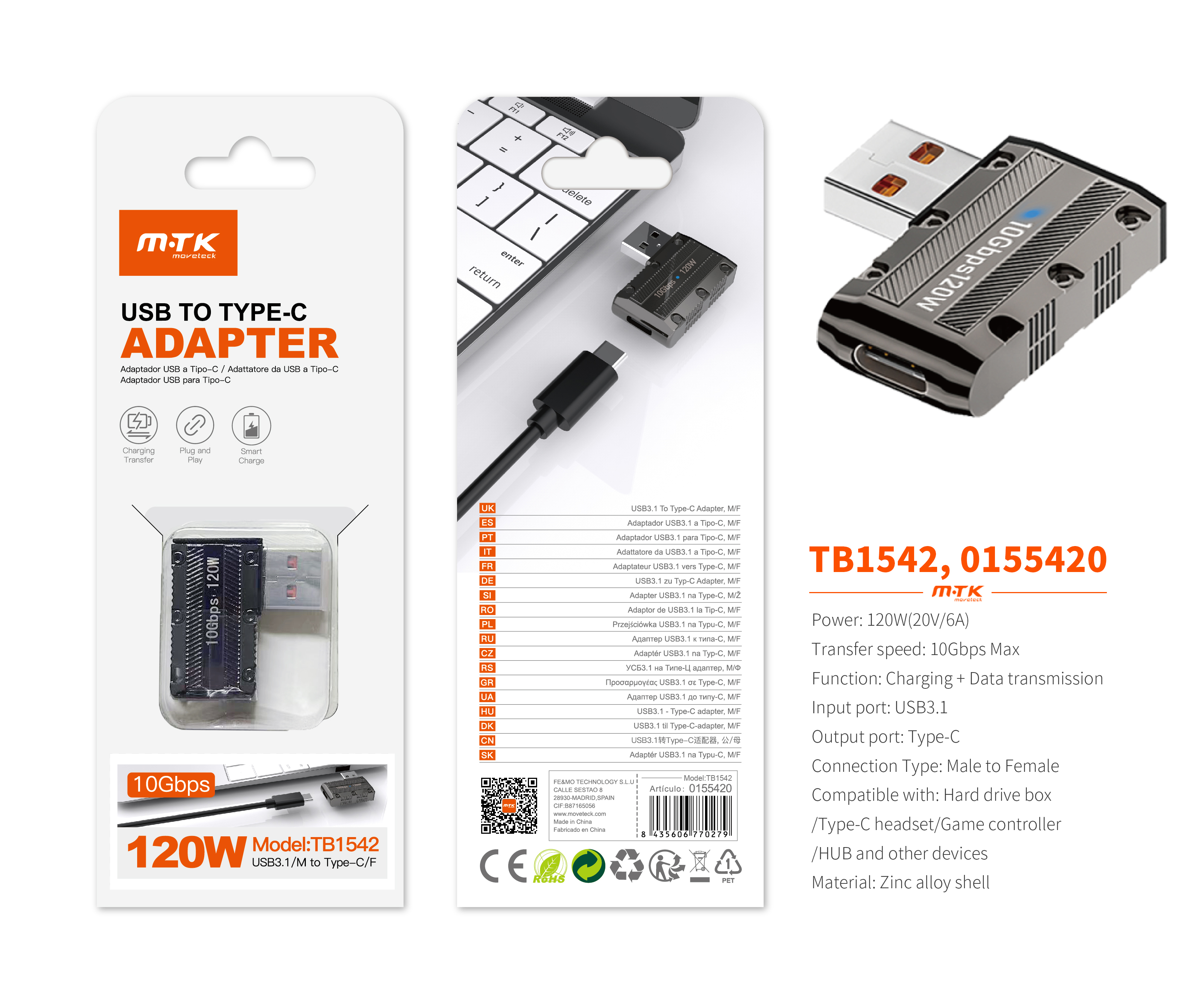 TB1542 NE Adaptador USB 3.1 (Macho) a Type-C(Hembra), Soporta transmision de datos y carga 10 Gbps/1