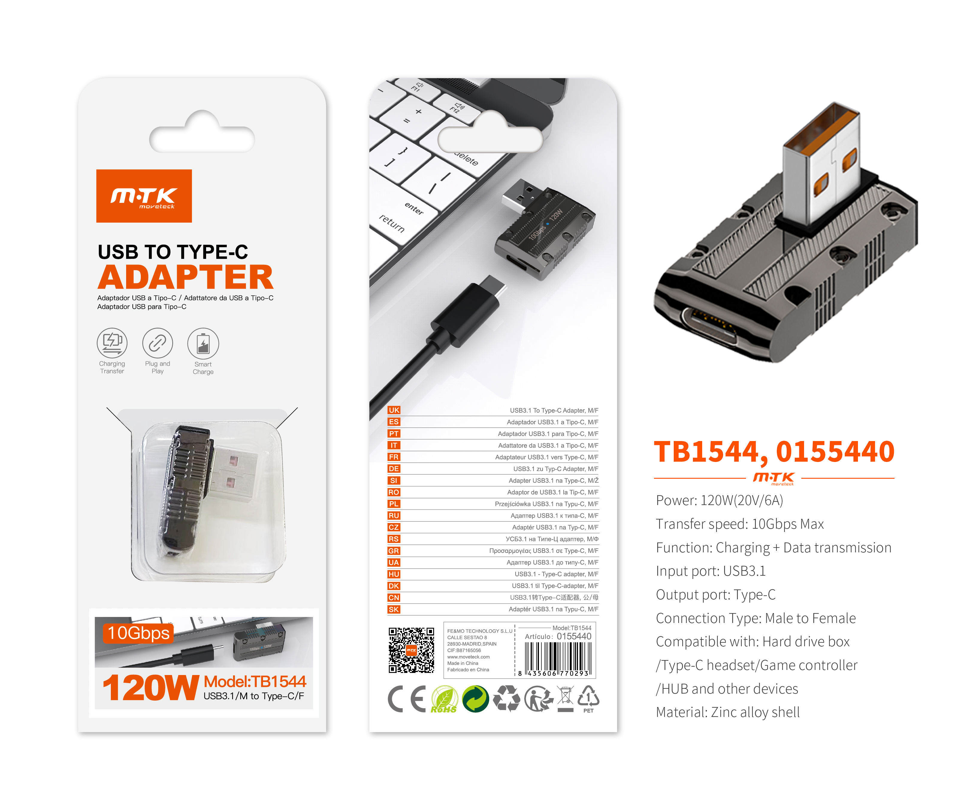 TB1544 NE Adaptador USB 3.1 (Macho) a Type-C(Hembra), Soporta transmision de datos y carga 10 Gbps/1