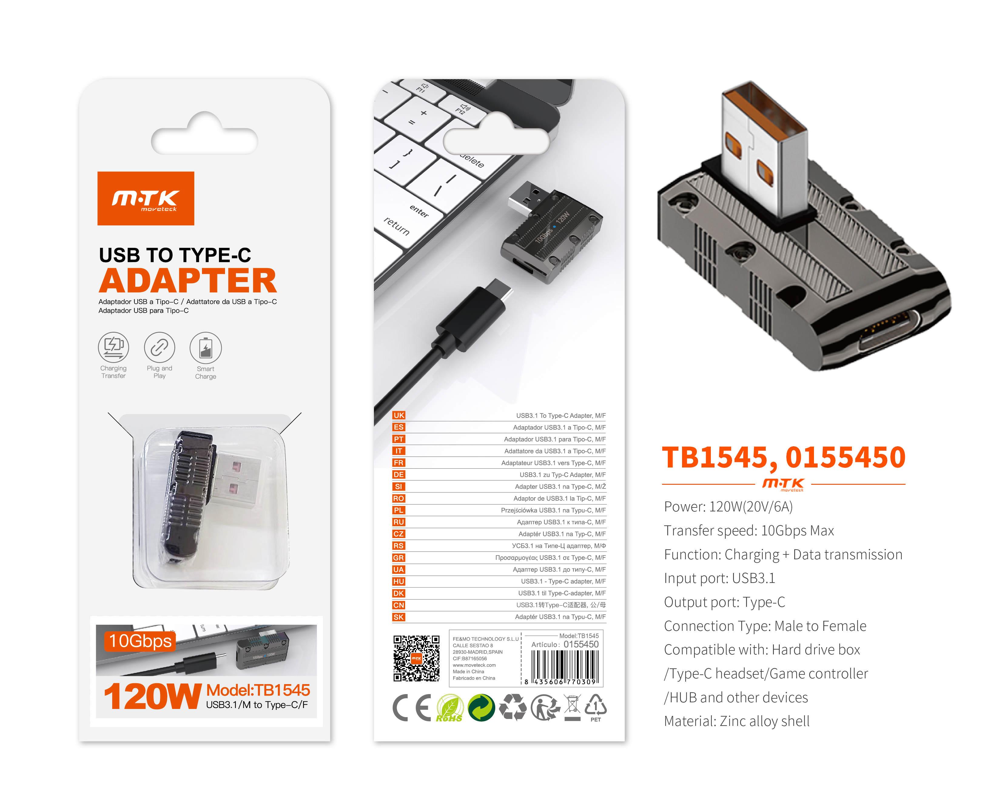 TB1545 NE Adaptador USB 3.1 (Macho) a Type-C(Hembra), Soporta transmision de datos y carga 10 Gbps/1